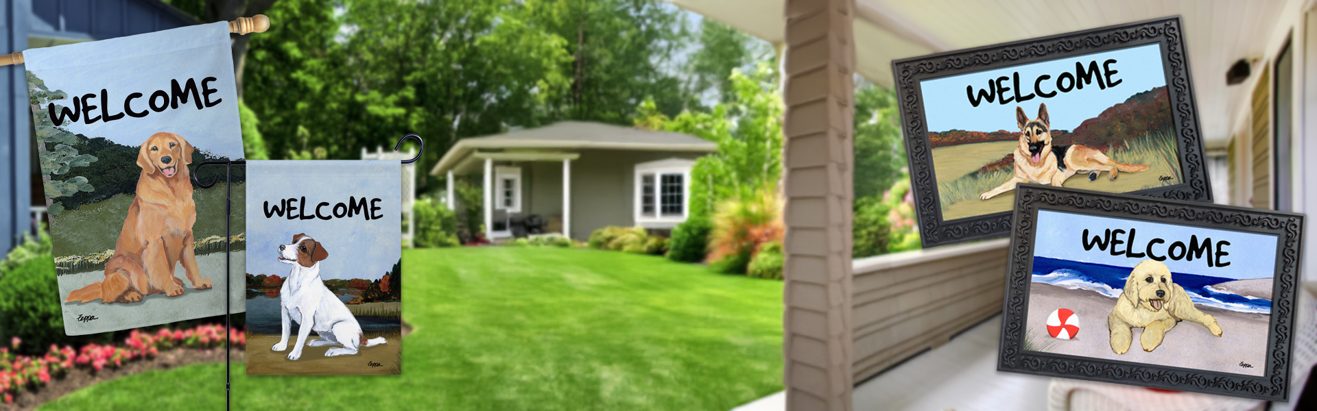 Spruce up your outdoor decor with a Scenic Flag and Welcome Mat!