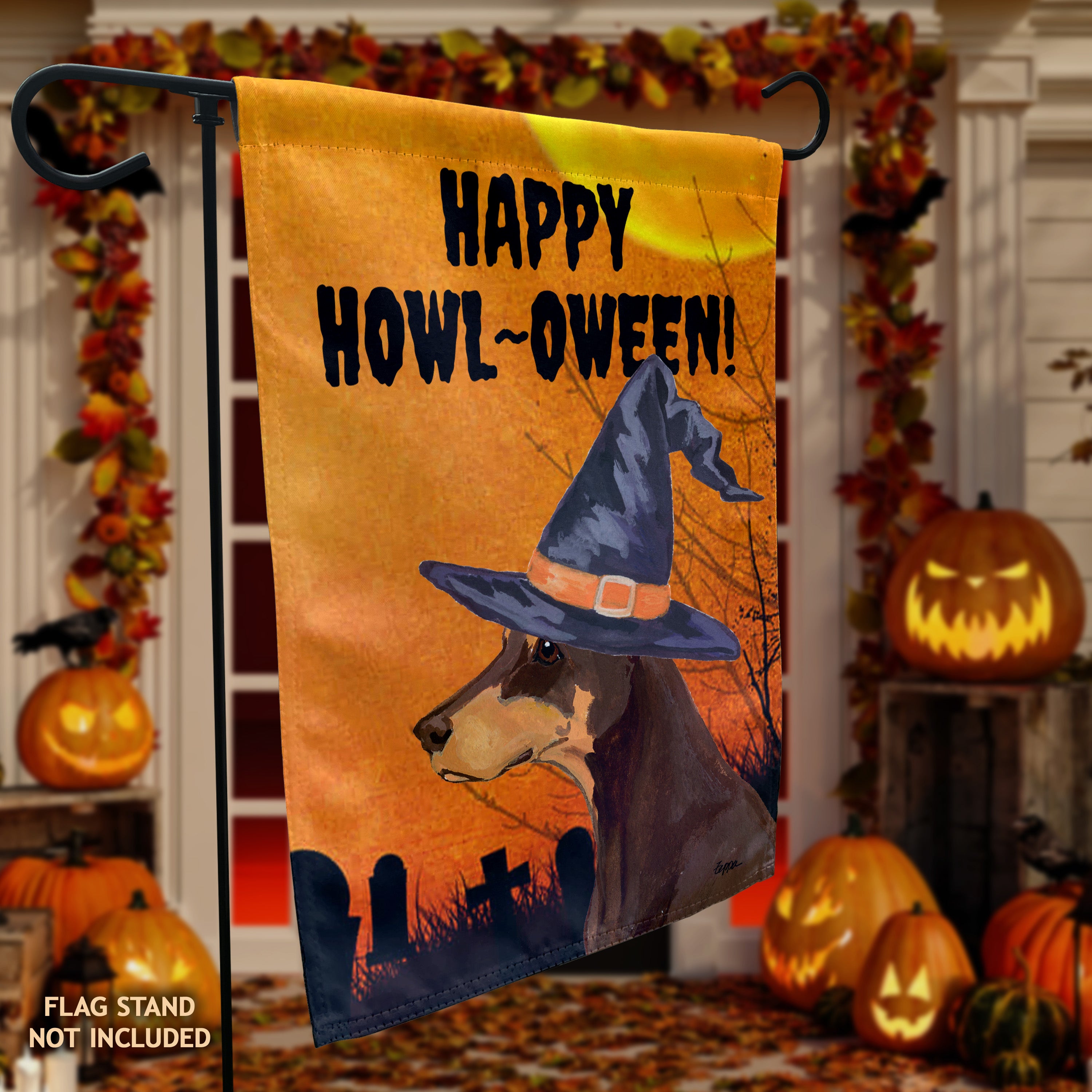 Doberman Pincher Halloween Garden Flag