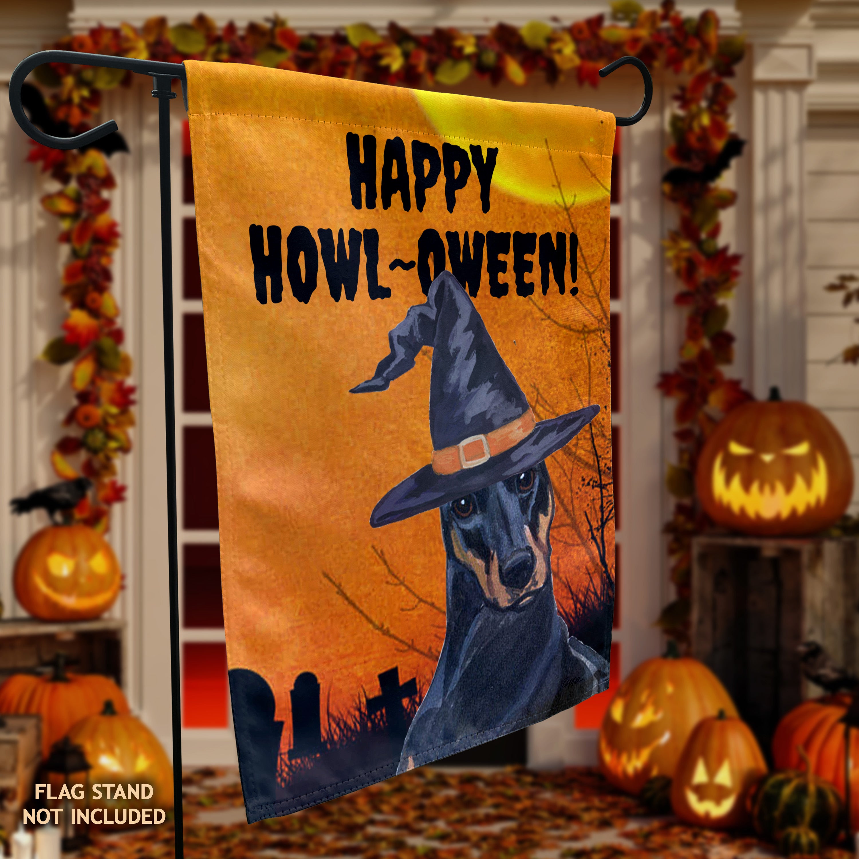Doberman Pincher Halloween Garden Flag