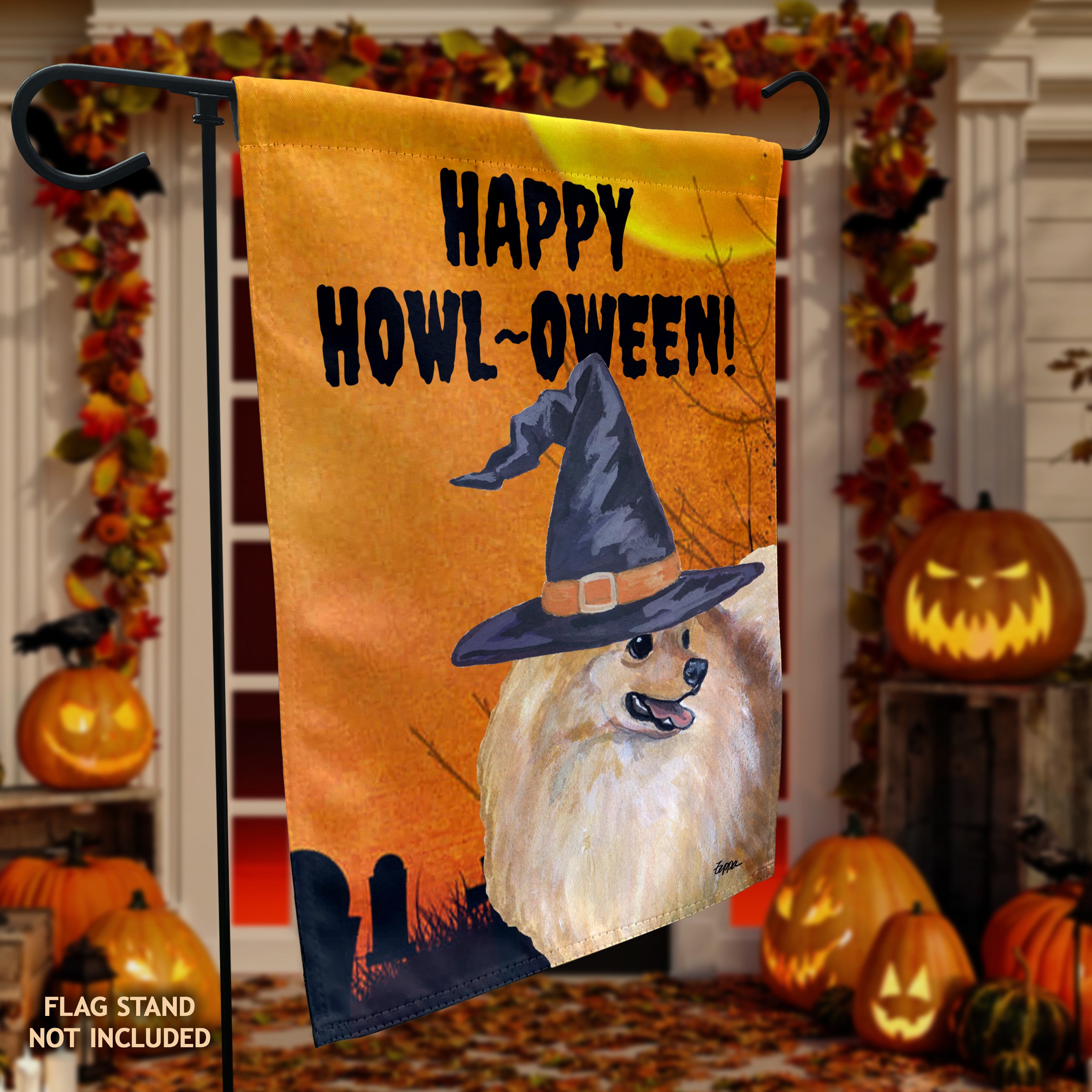Pomeranian Halloween Garden Flag