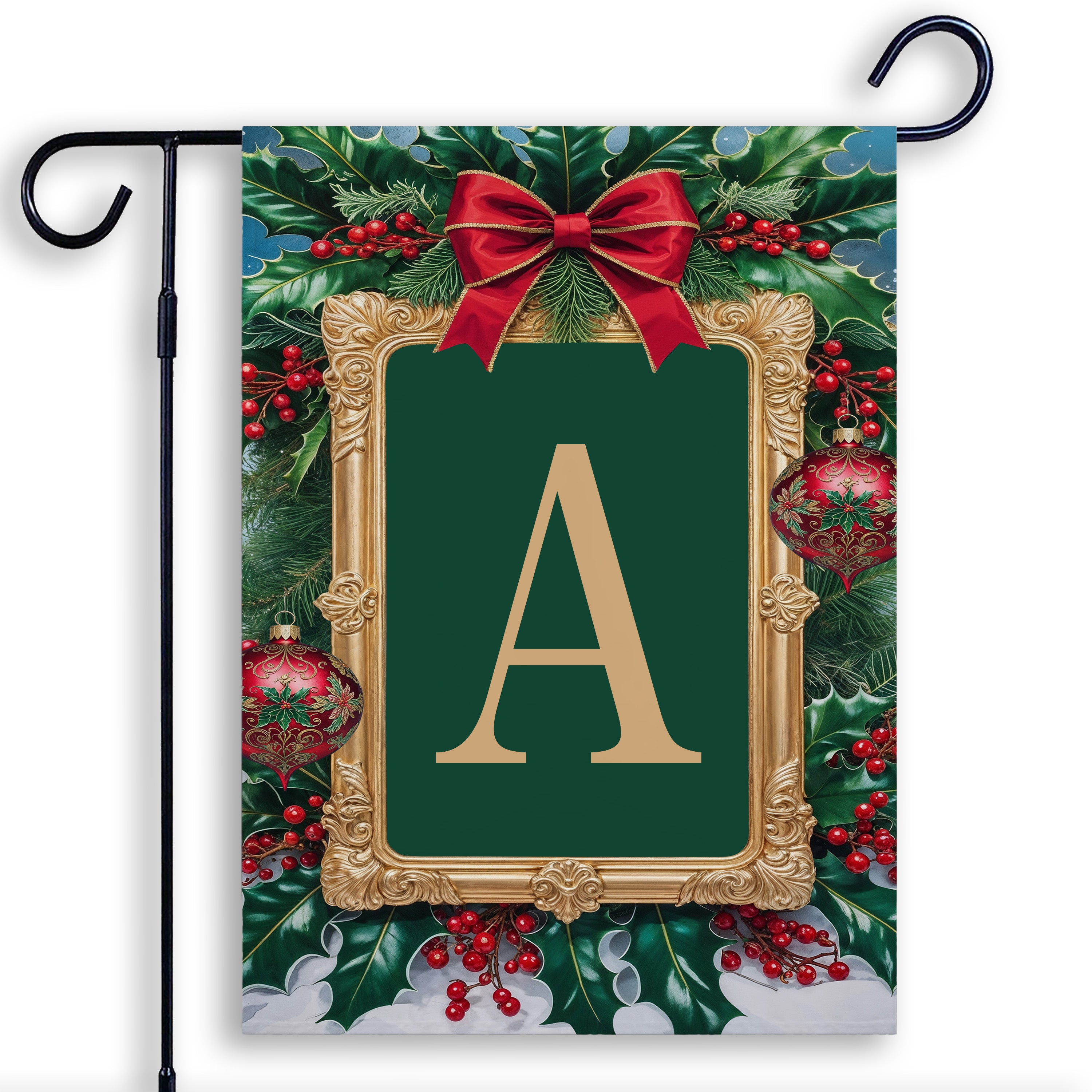 Christmas, Holly Berries Frame, Monogram, Garden Flag