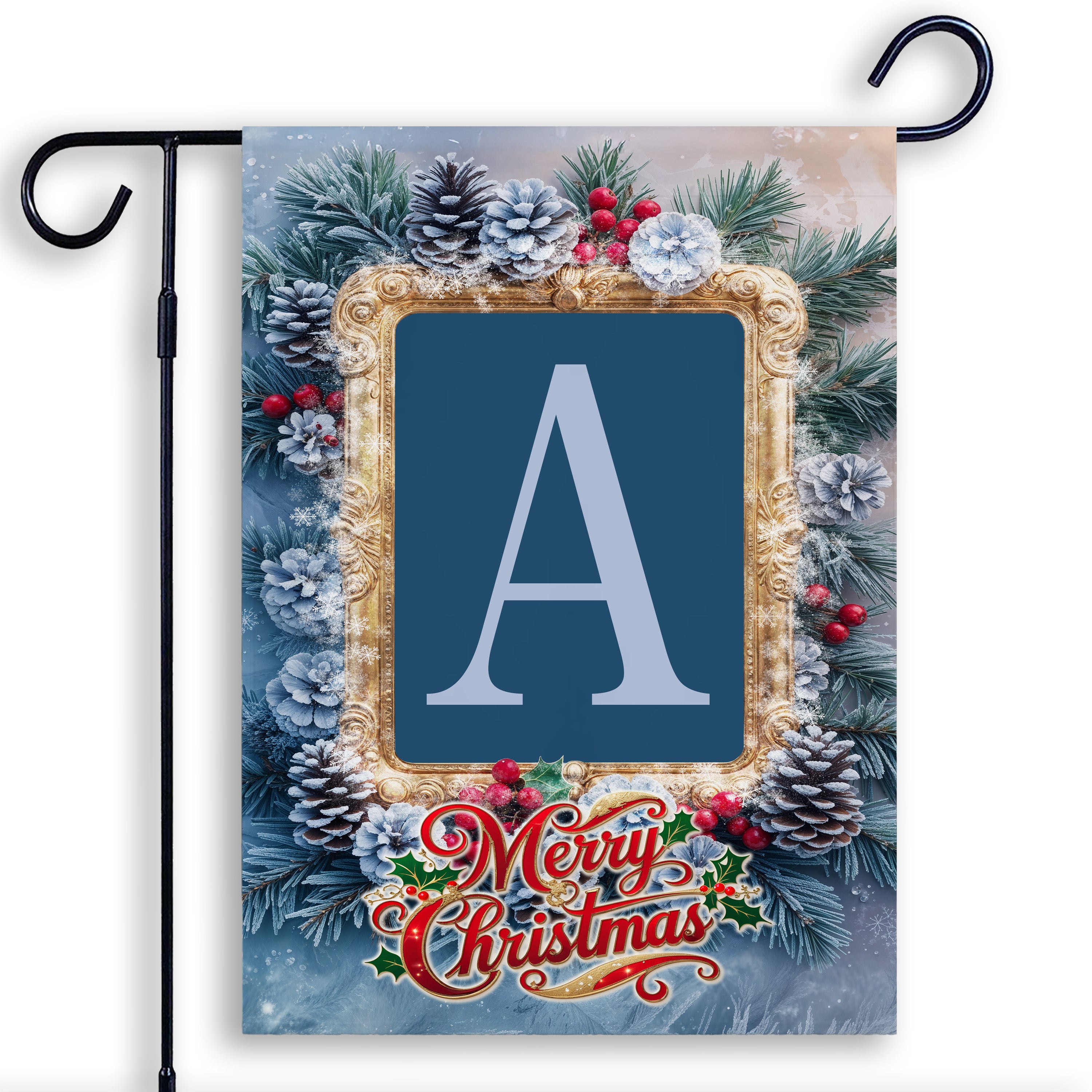Christmas, Snowy Pine Cones, Monogram, Garden Flag