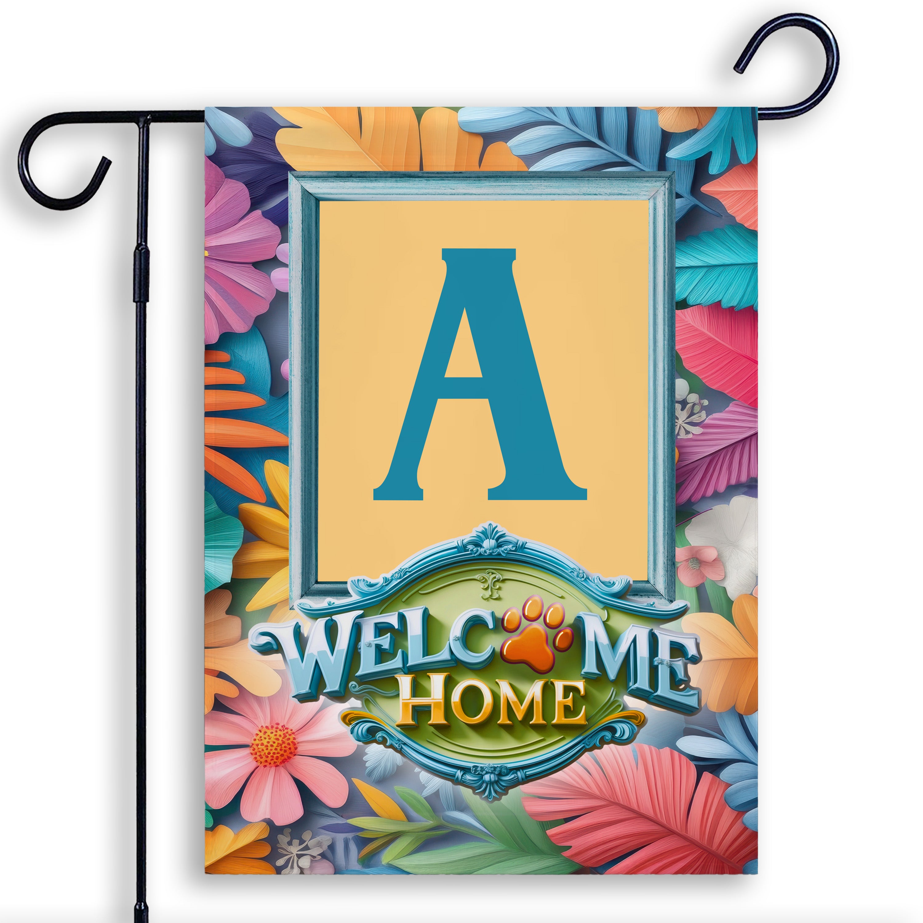 Welcome, Welcome Home Floral, Monogram, Garden Flag