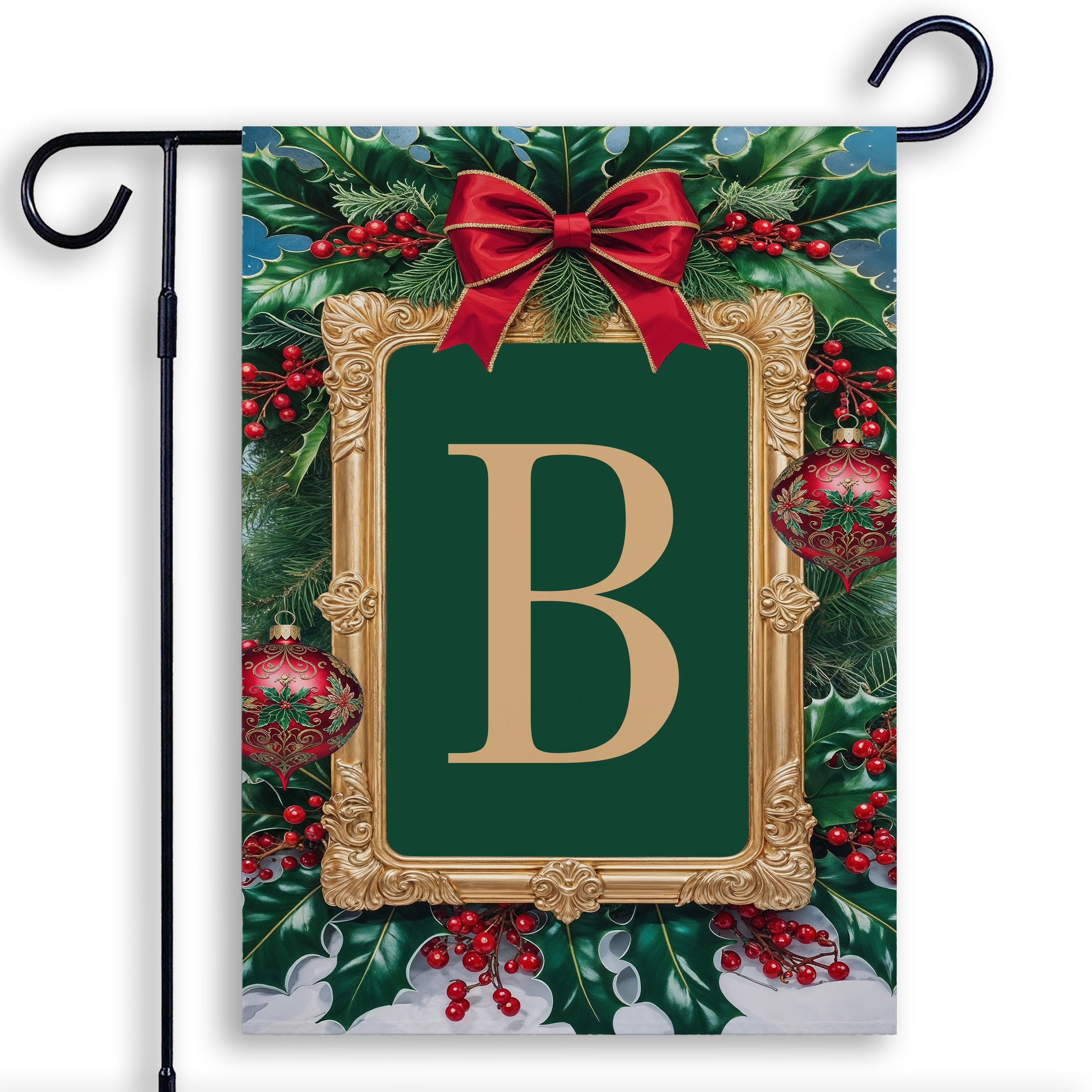 Christmas, Holly Berries Frame, Monogram, Garden Flag