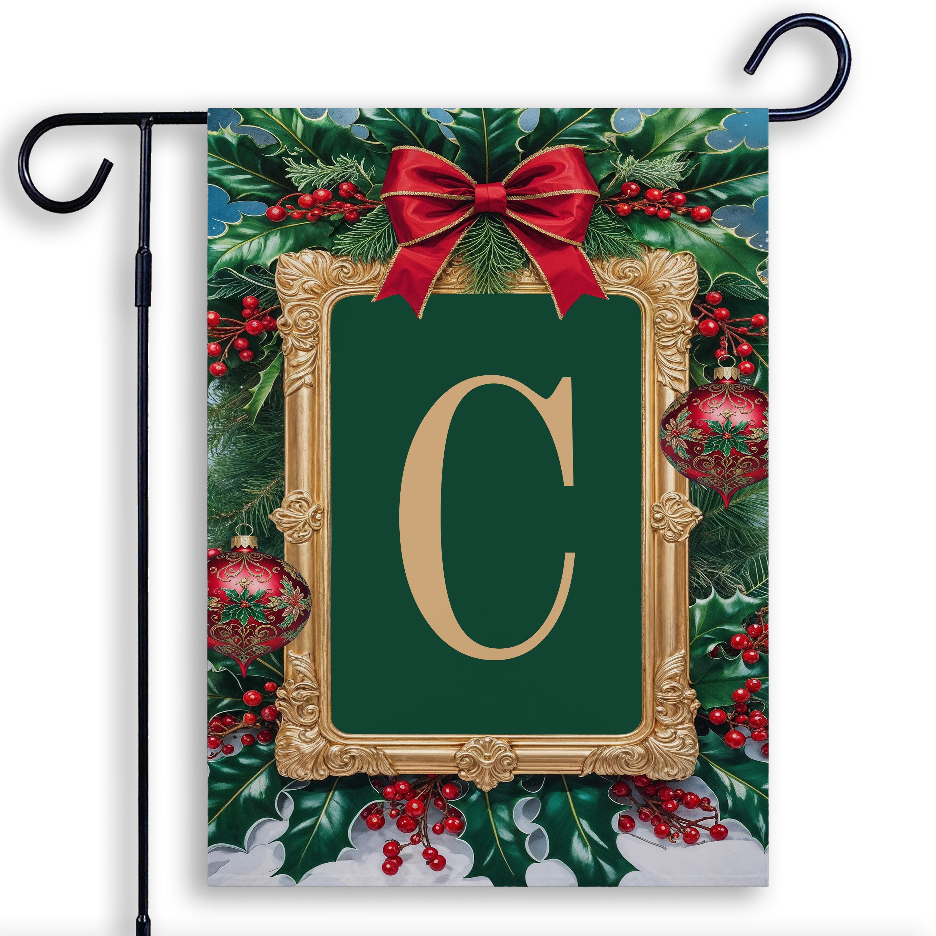 Christmas, Holly Berries Frame, Monogram, Garden Flag