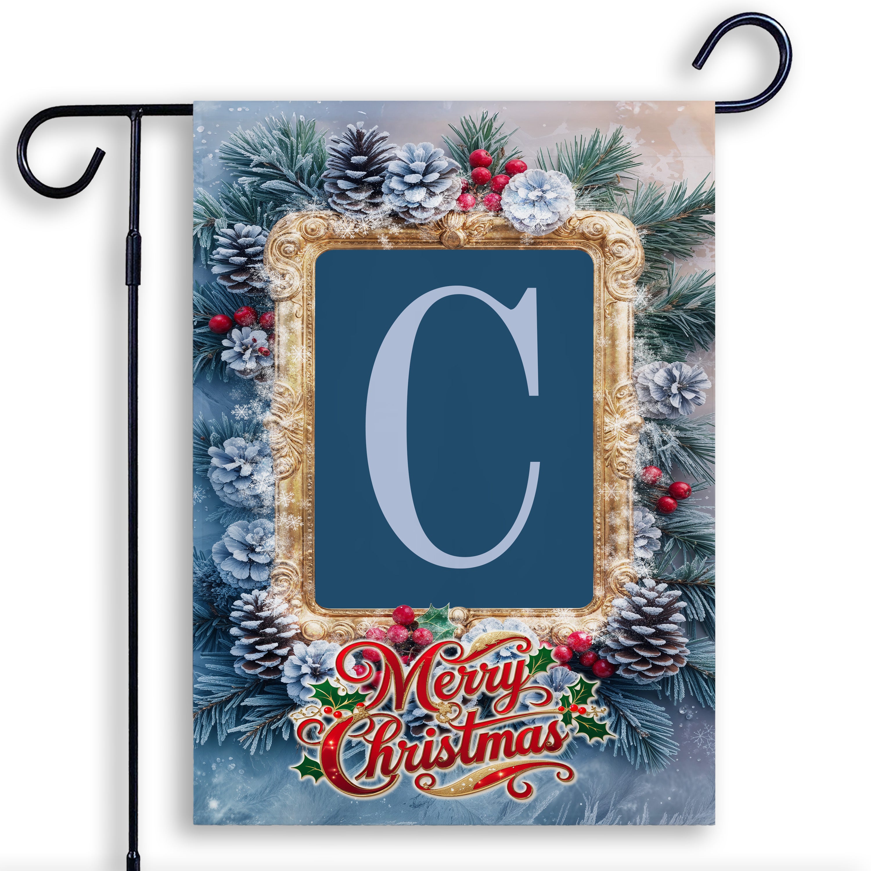 Christmas, Snowy Pine Cones, Monogram, Garden Flag