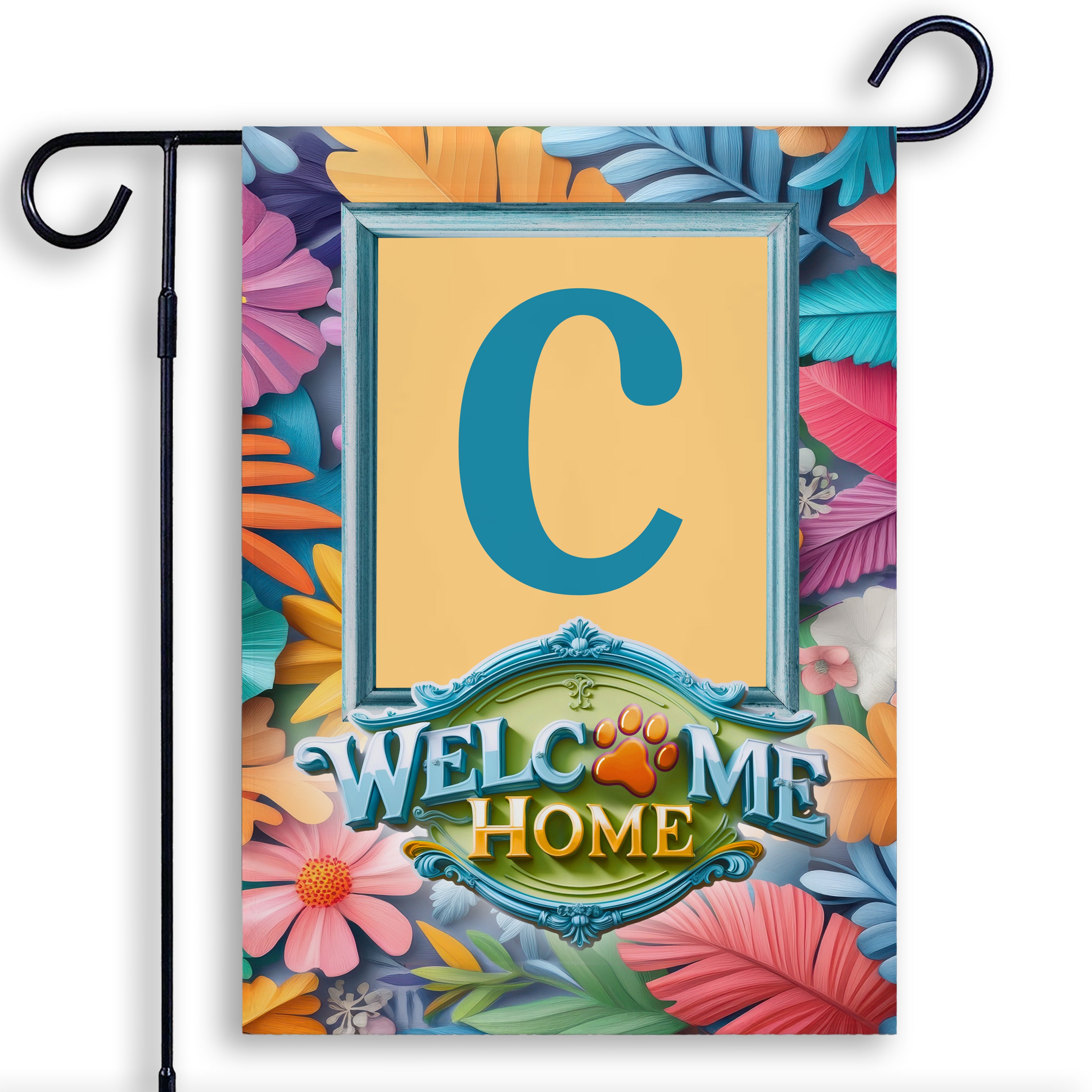 Welcome, Welcome Home Floral, Monogram, Garden Flag