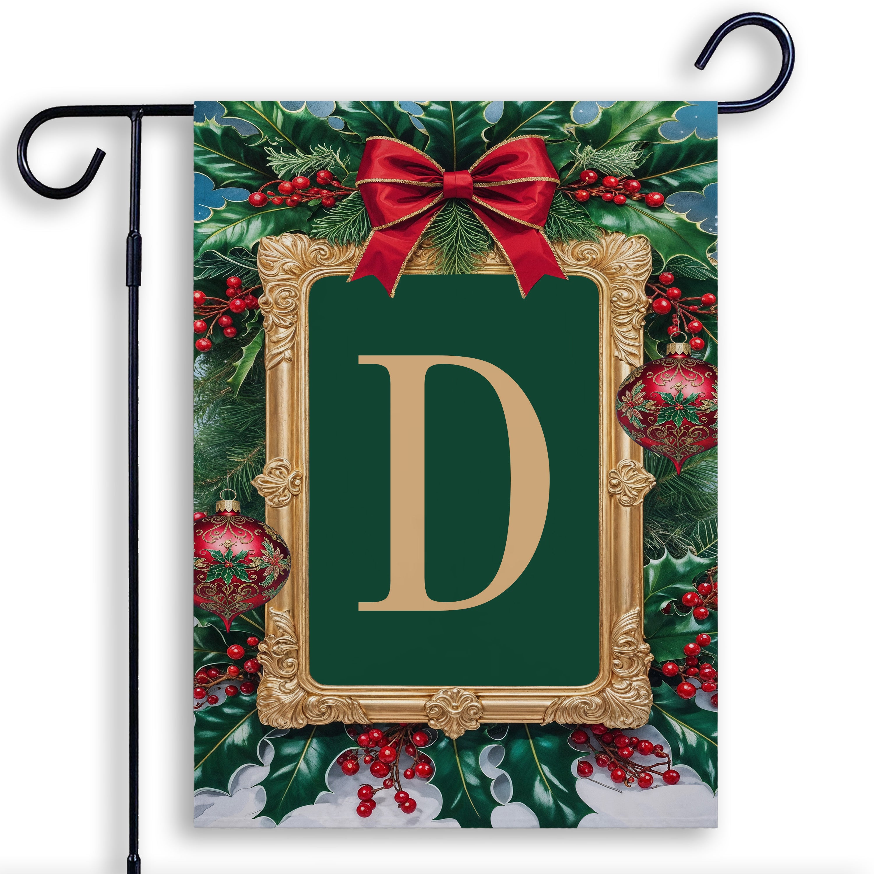 Christmas, Holly Berries Frame, Monogram, Garden Flag