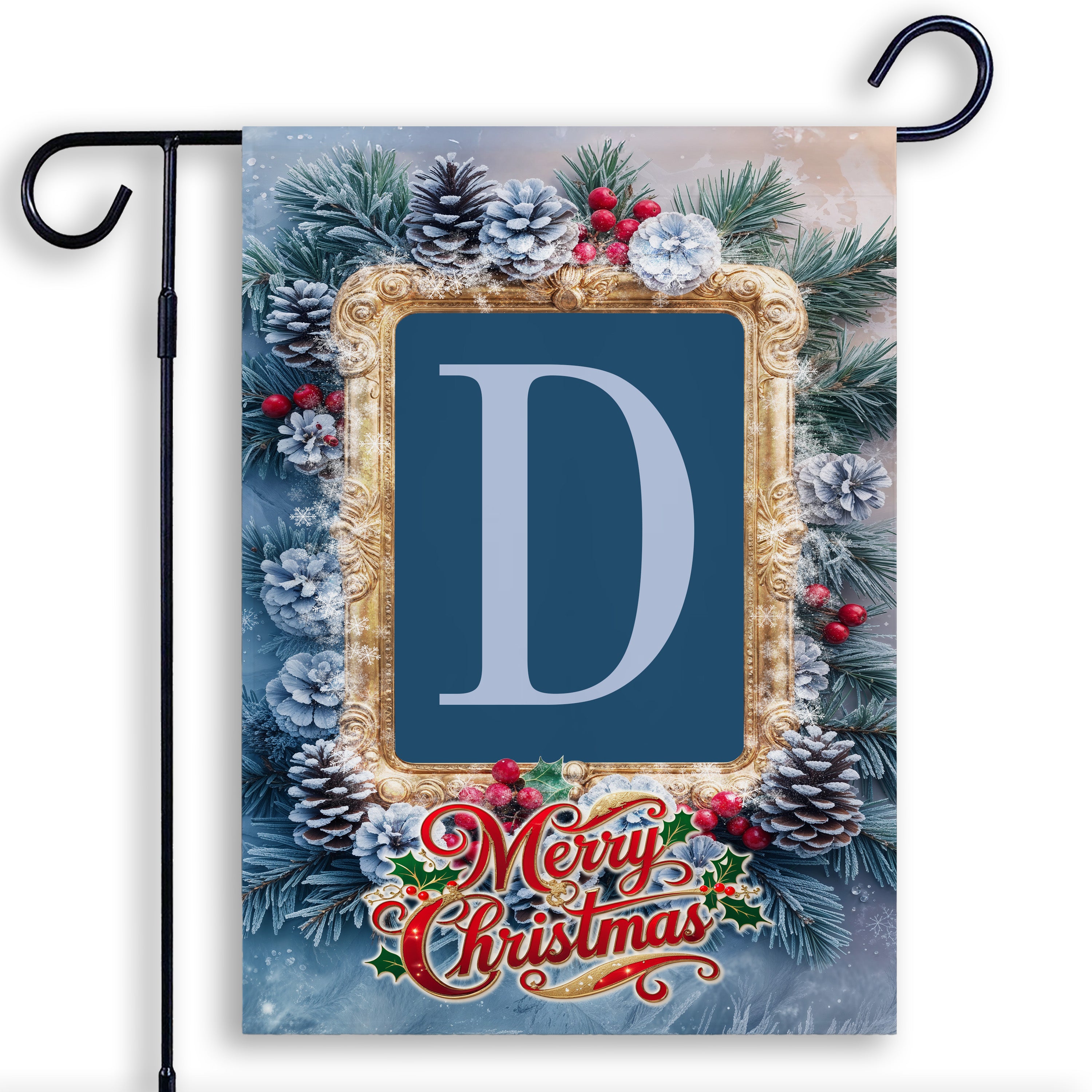 Christmas, Snowy Pine Cones, Monogram, Garden Flag