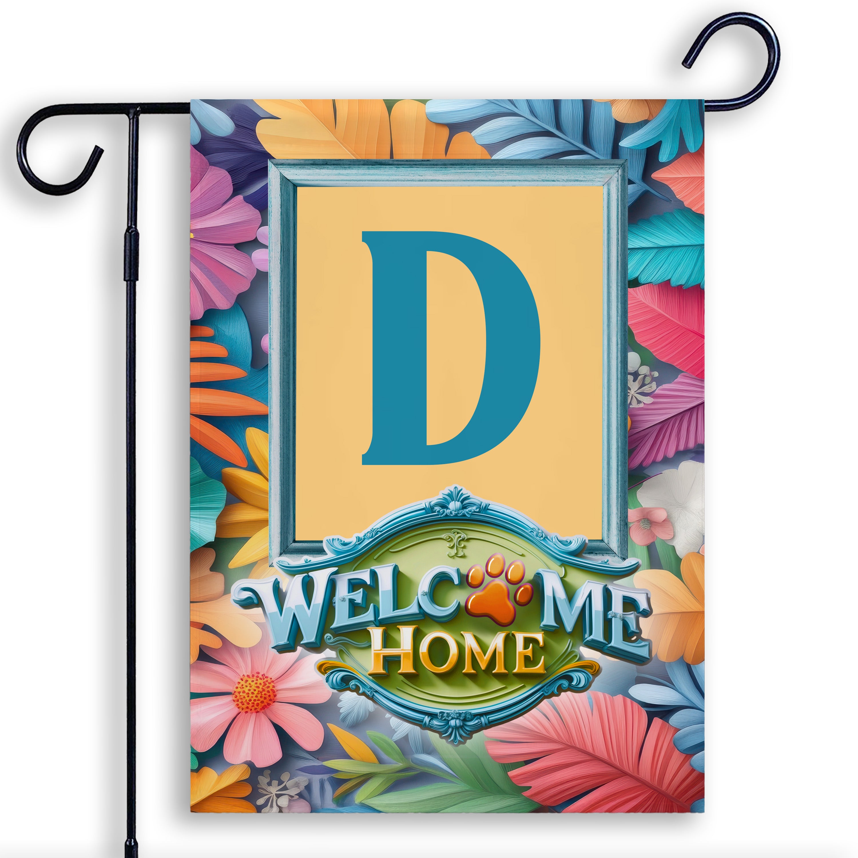 Welcome, Welcome Home Floral, Monogram, Garden Flag
