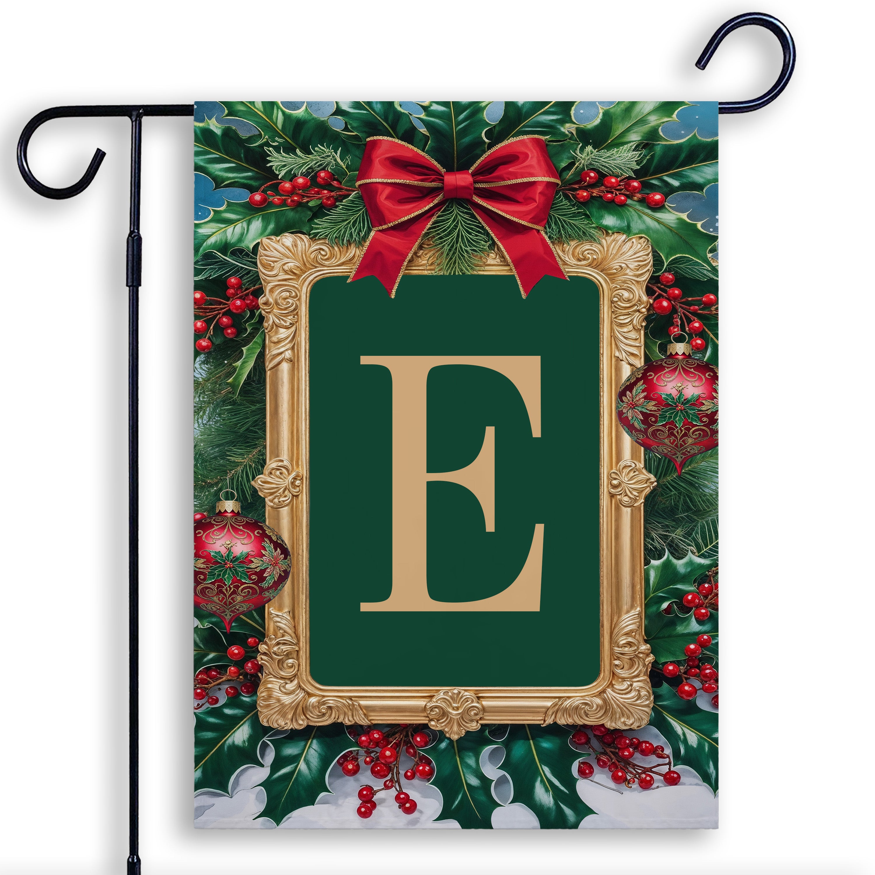 Christmas, Holly Berries Frame, Monogram, Garden Flag