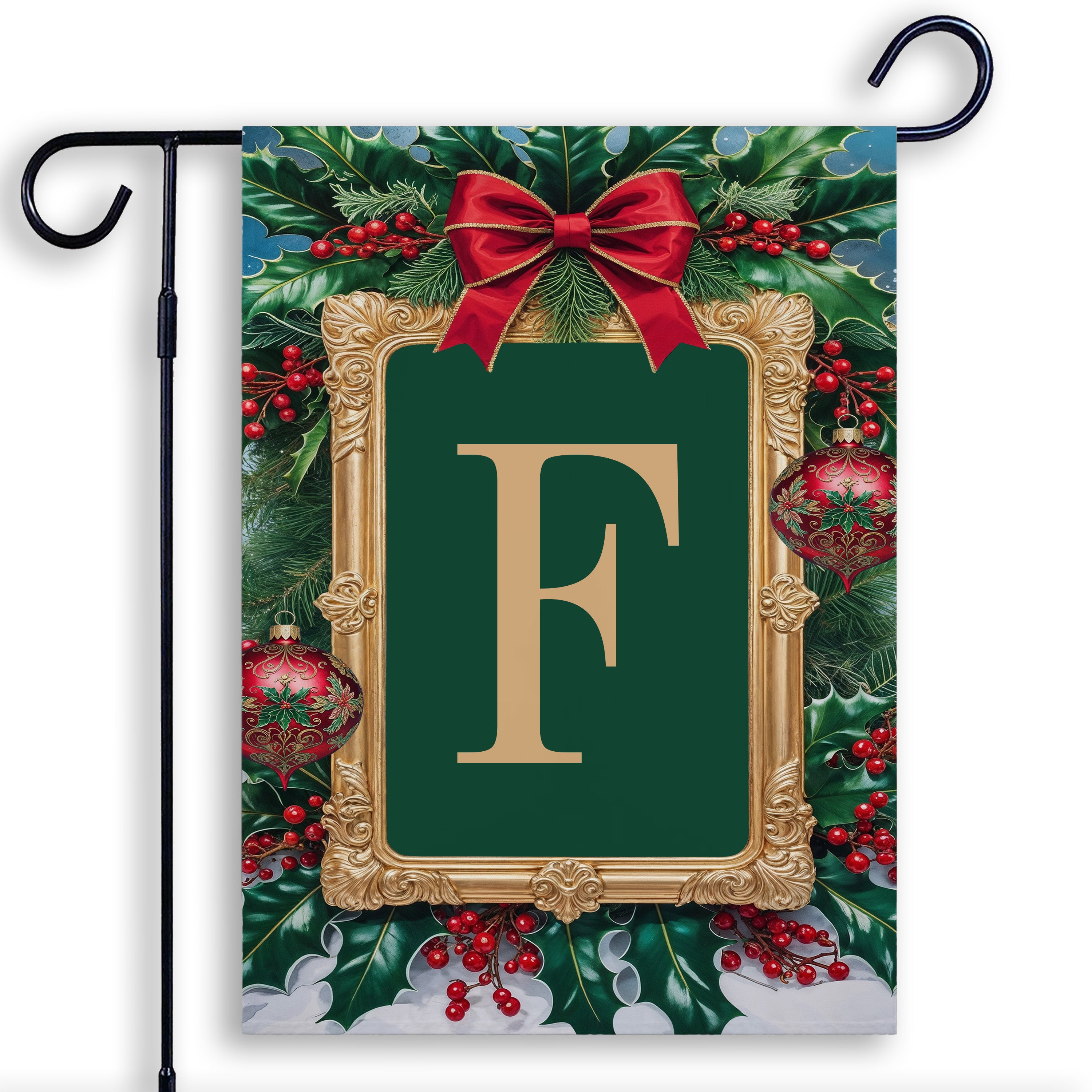 Christmas, Holly Berries Frame, Monogram, Garden Flag