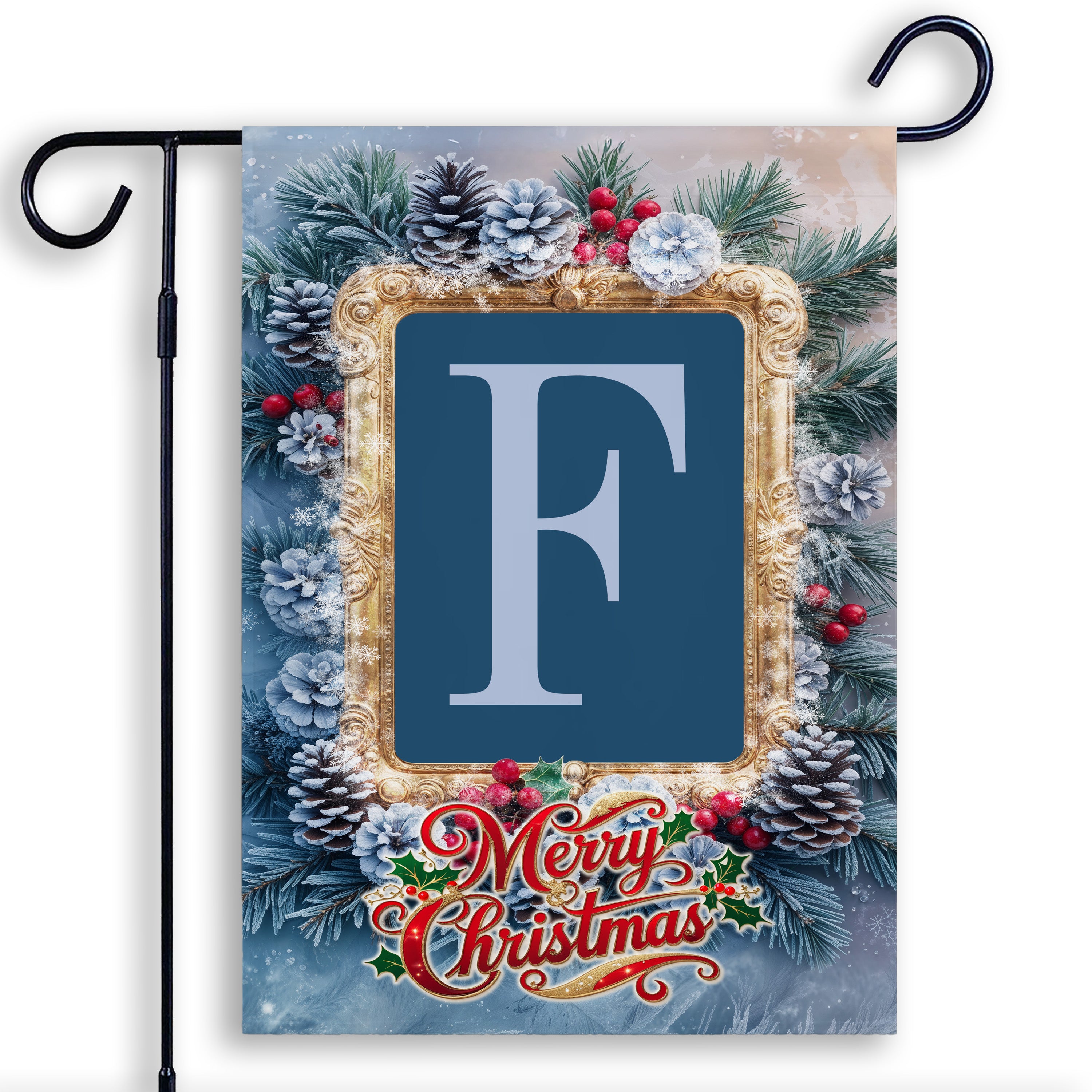 Christmas, Snowy Pine Cones, Monogram, Garden Flag