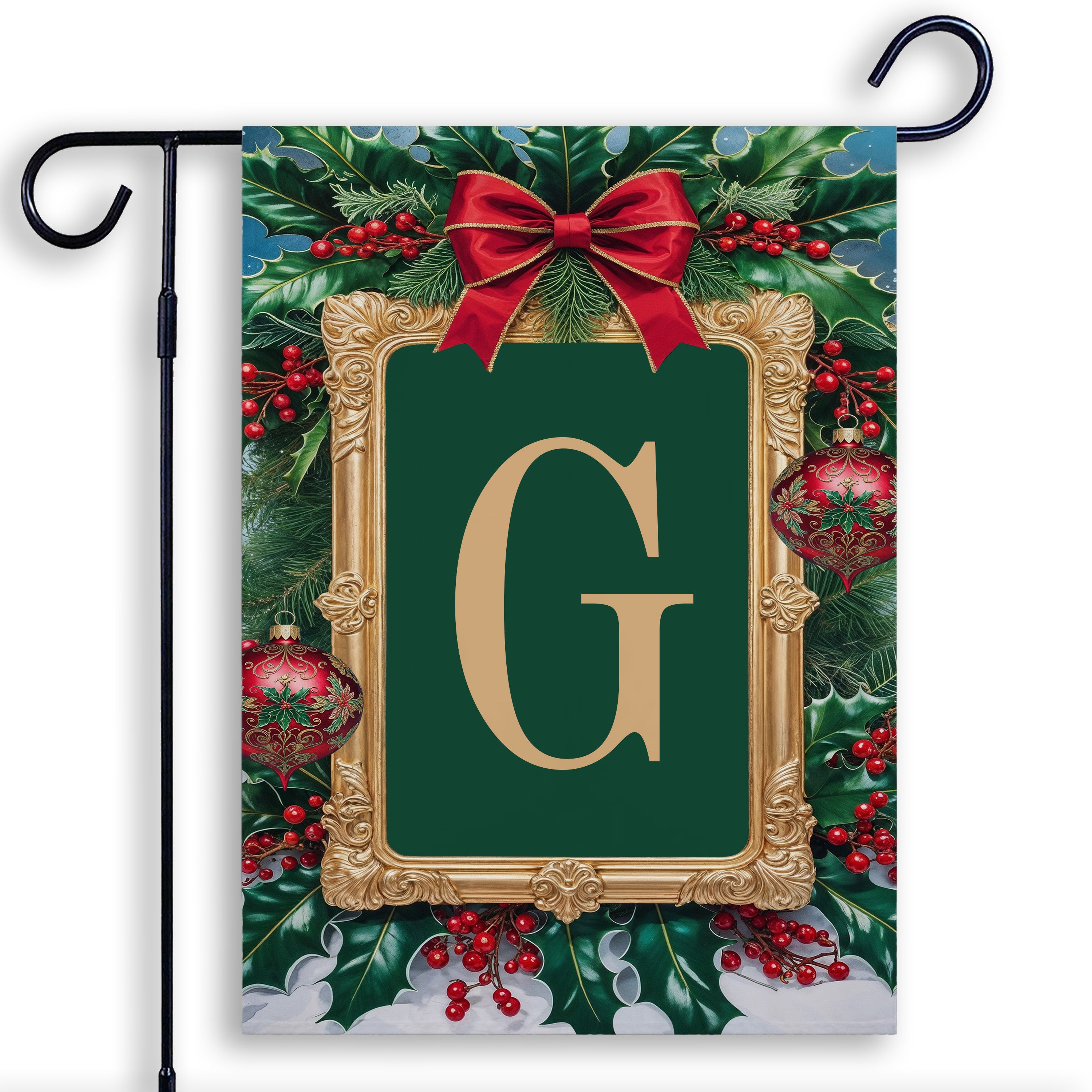 Christmas, Holly Berries Frame, Monogram, Garden Flag