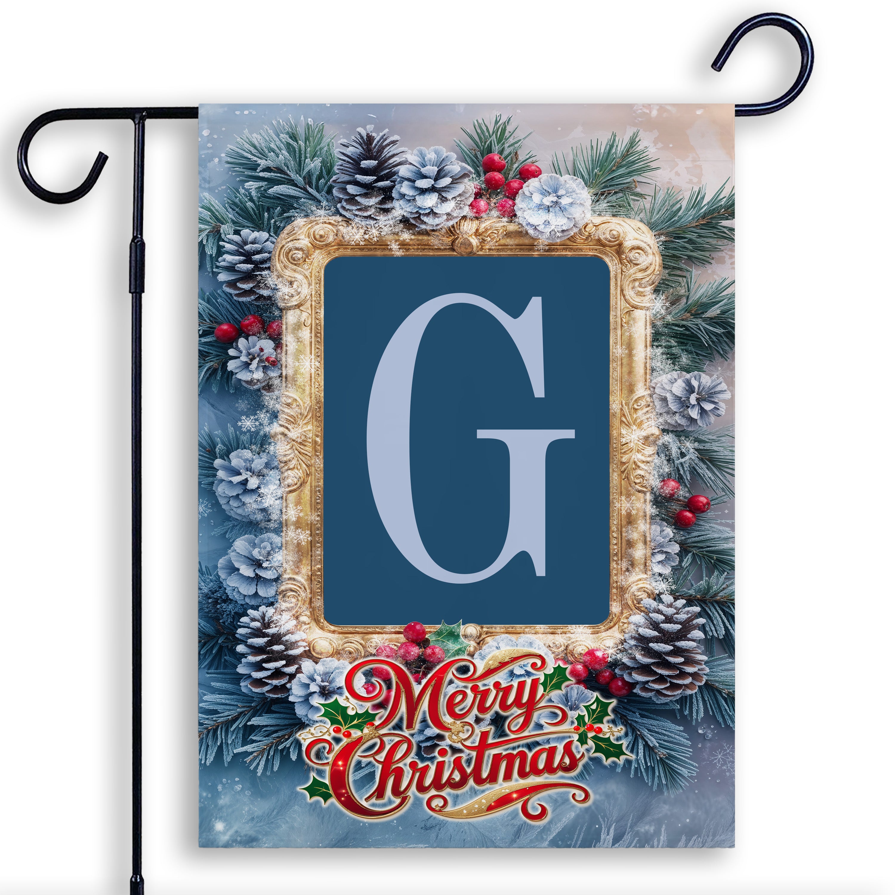 Christmas, Snowy Pine Cones, Monogram, Garden Flag