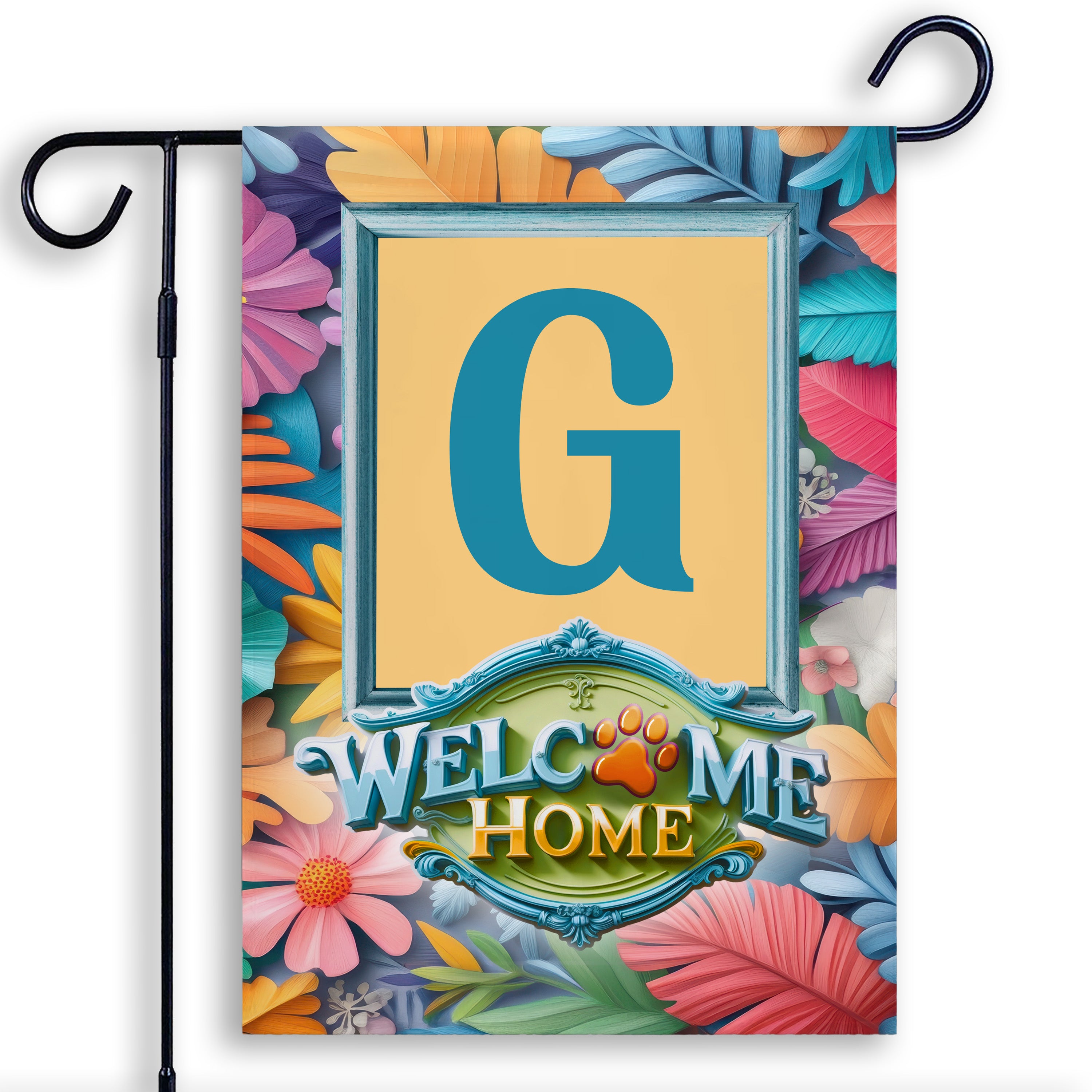 Welcome, Welcome Home Floral, Monogram, Garden Flag