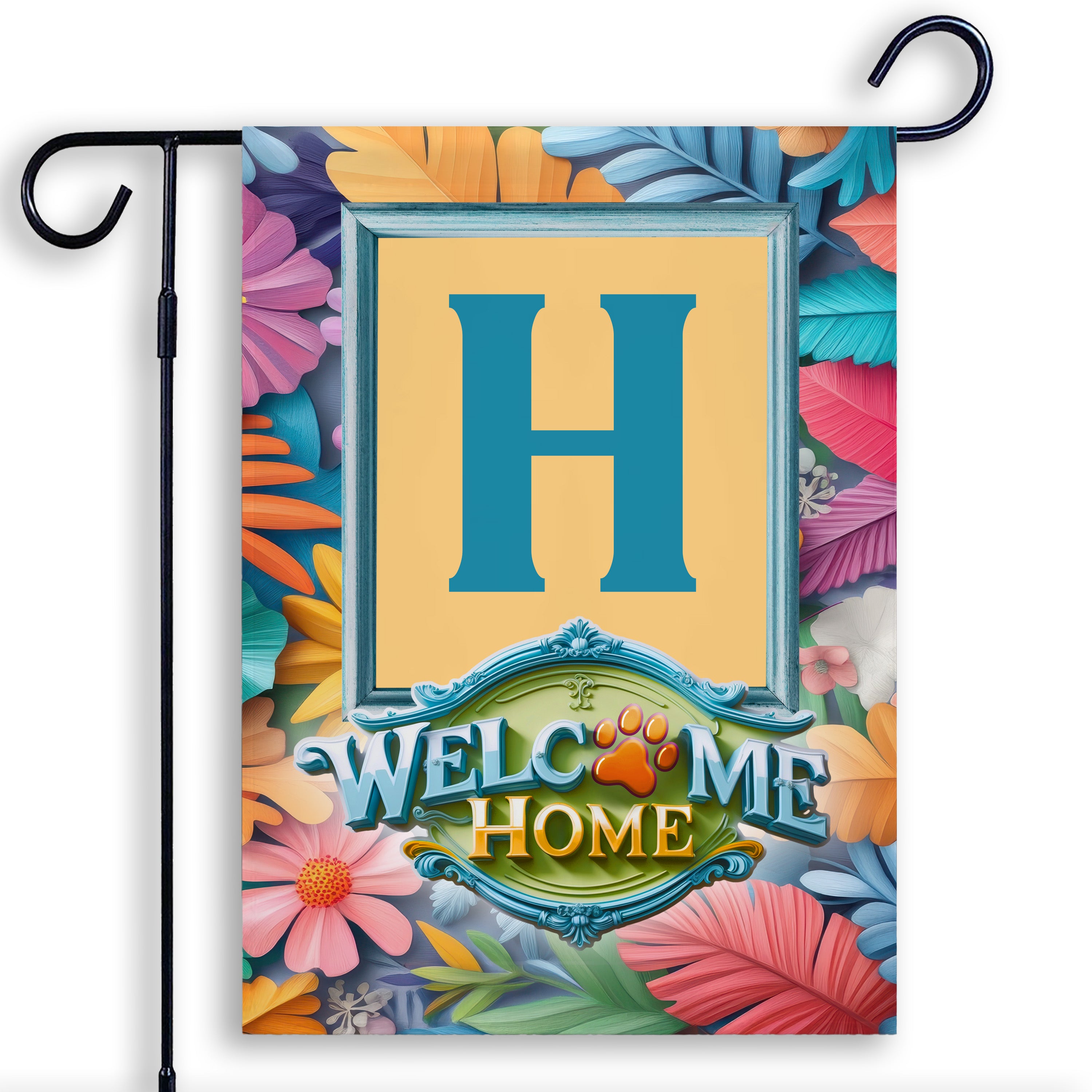 Welcome, Welcome Home Floral, Monogram, Garden Flag