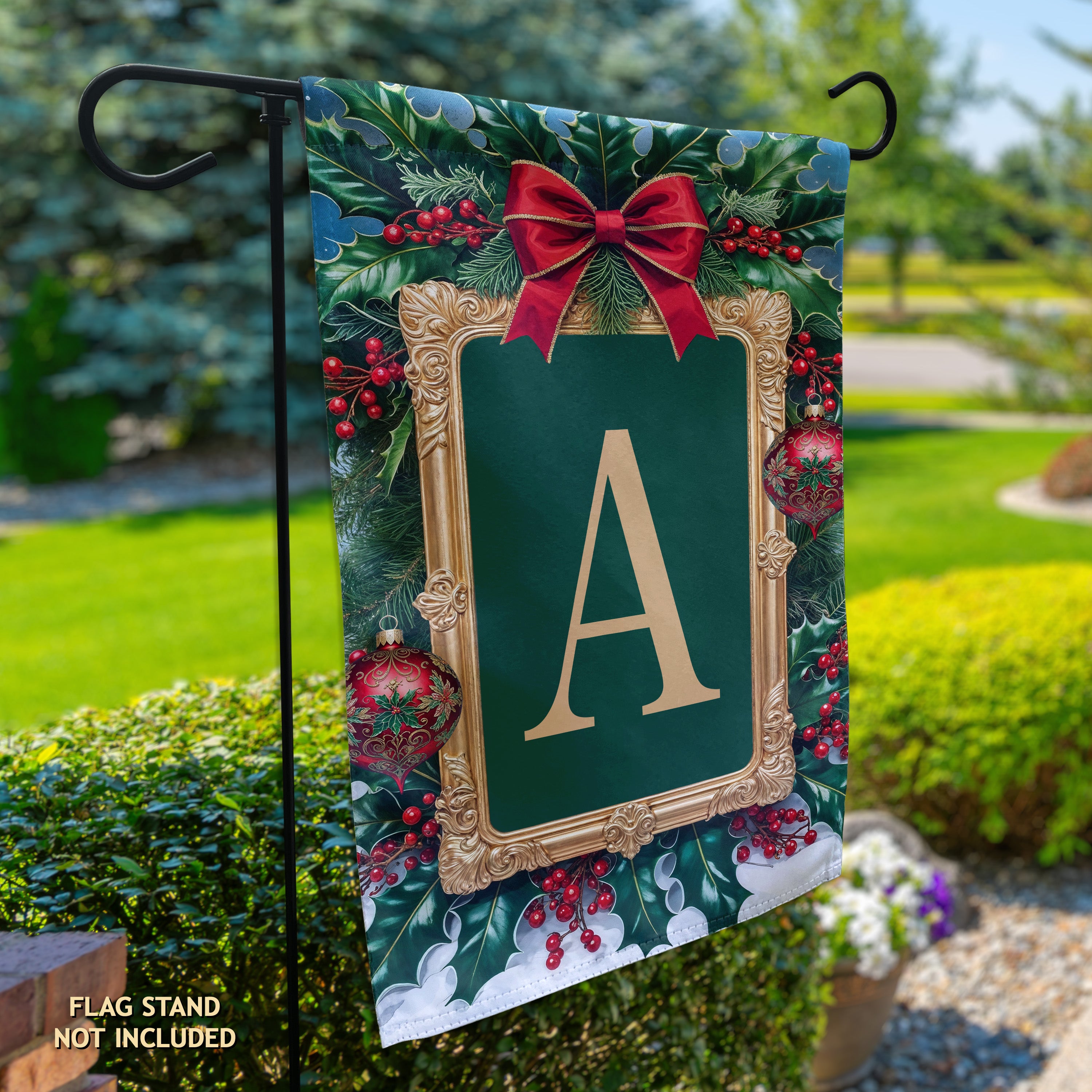 Christmas, Holly Berries Frame, Monogram, Garden Flag