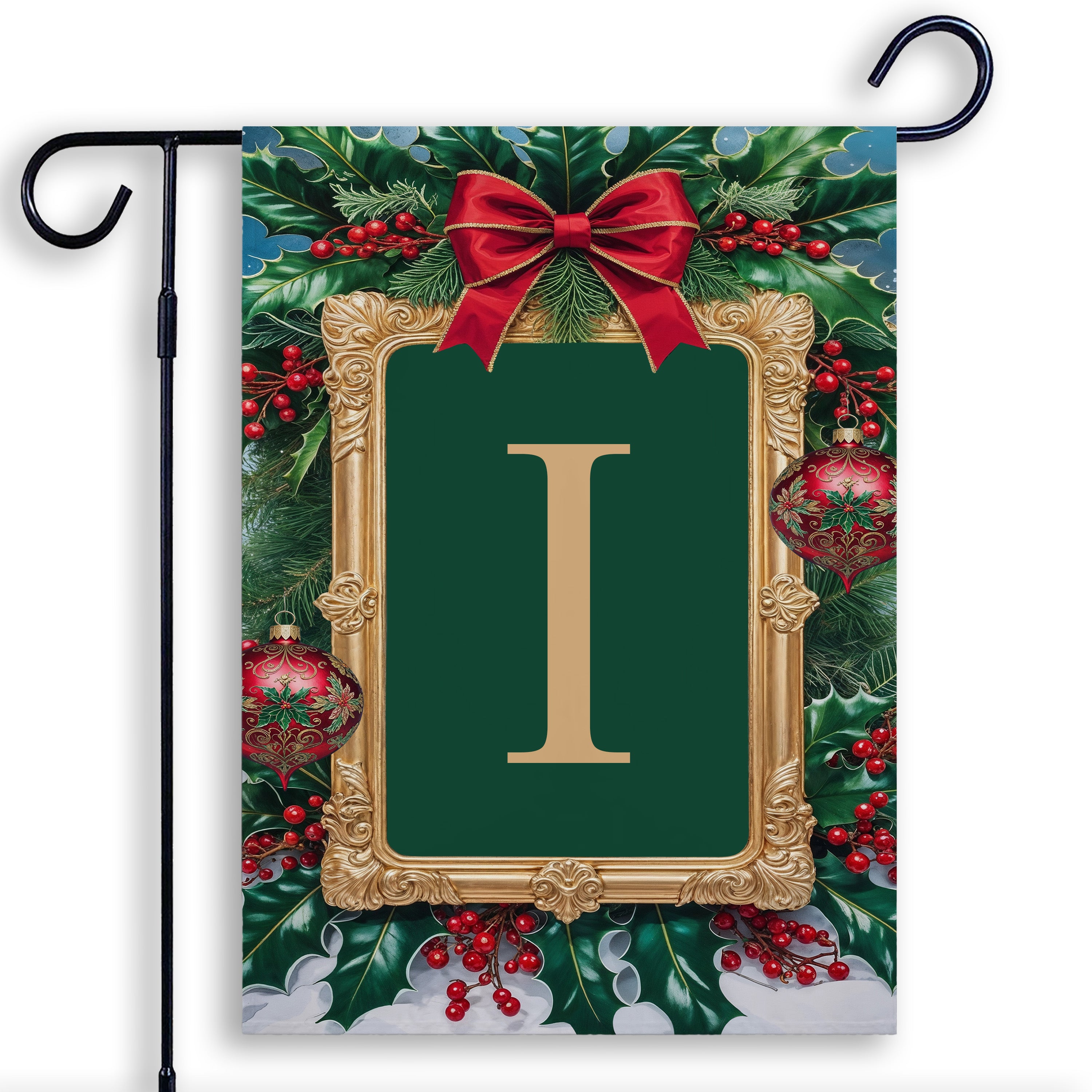 Christmas, Holly Berries Frame, Monogram, Garden Flag