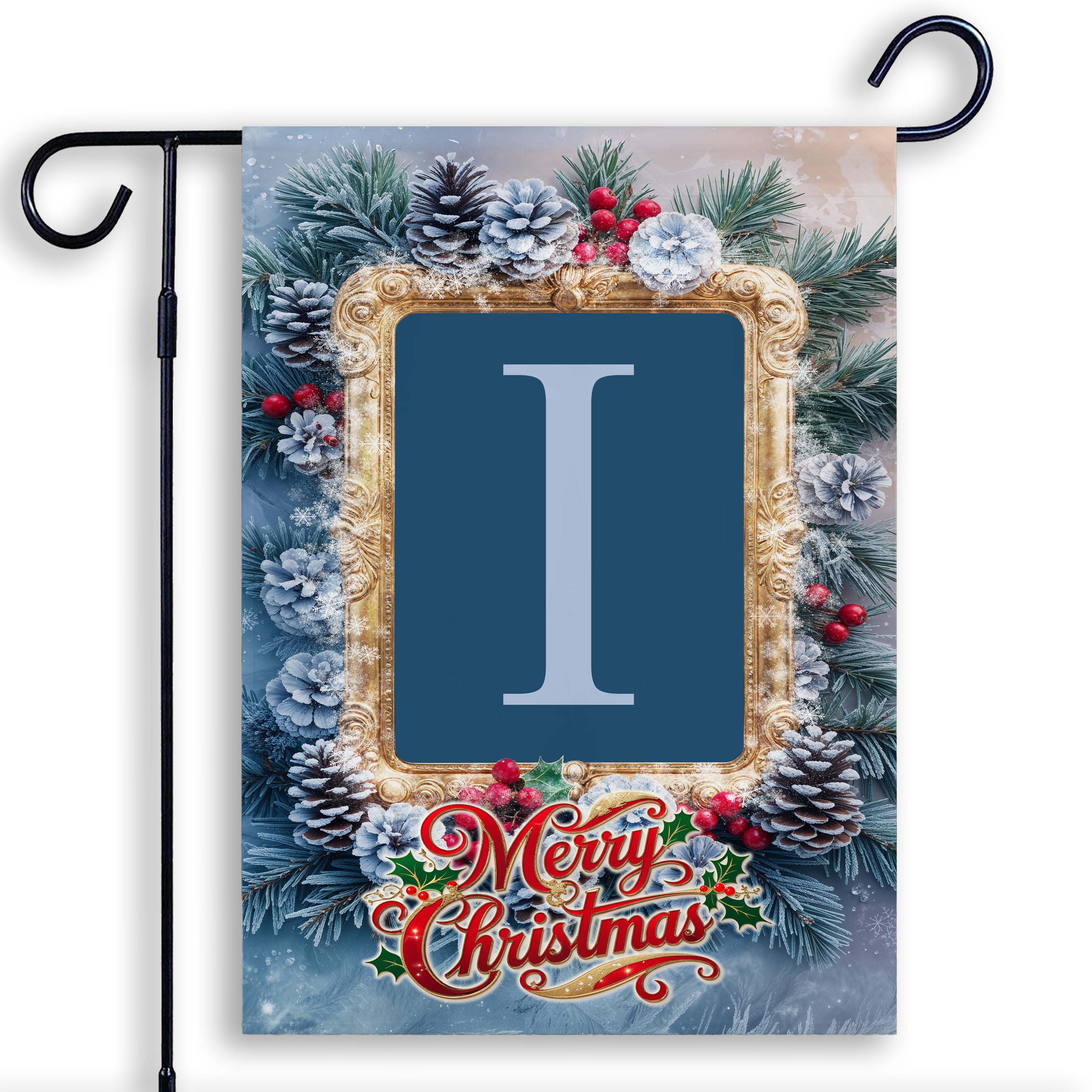 Christmas, Snowy Pine Cones, Monogram, Garden Flag