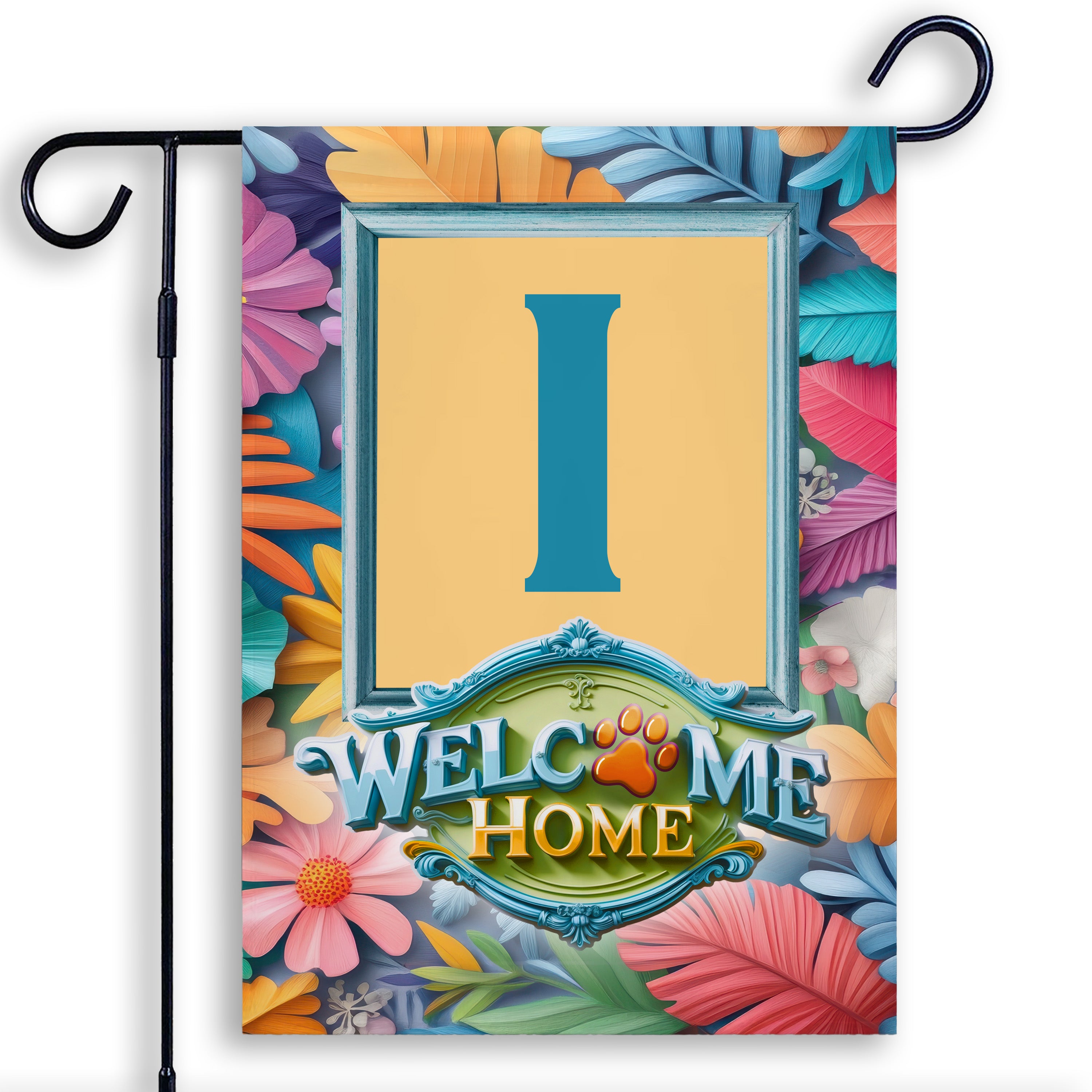 Welcome, Welcome Home Floral, Monogram, Garden Flag