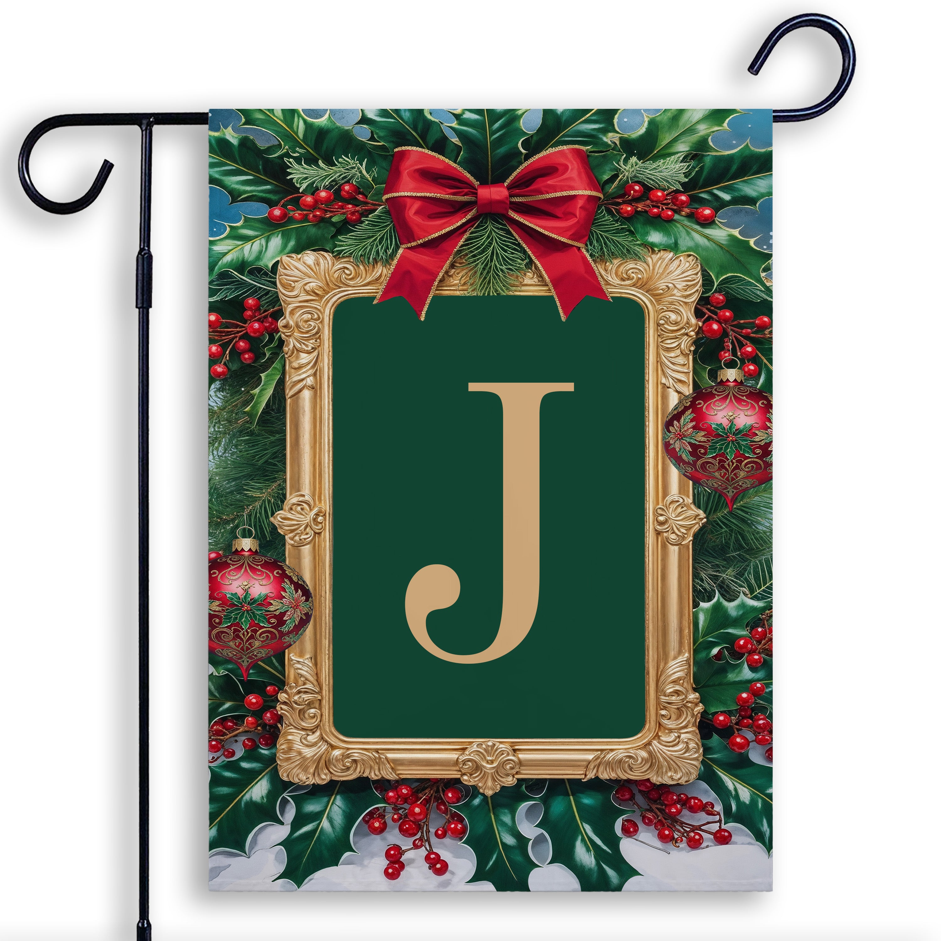 Christmas, Holly Berries Frame, Monogram, Garden Flag