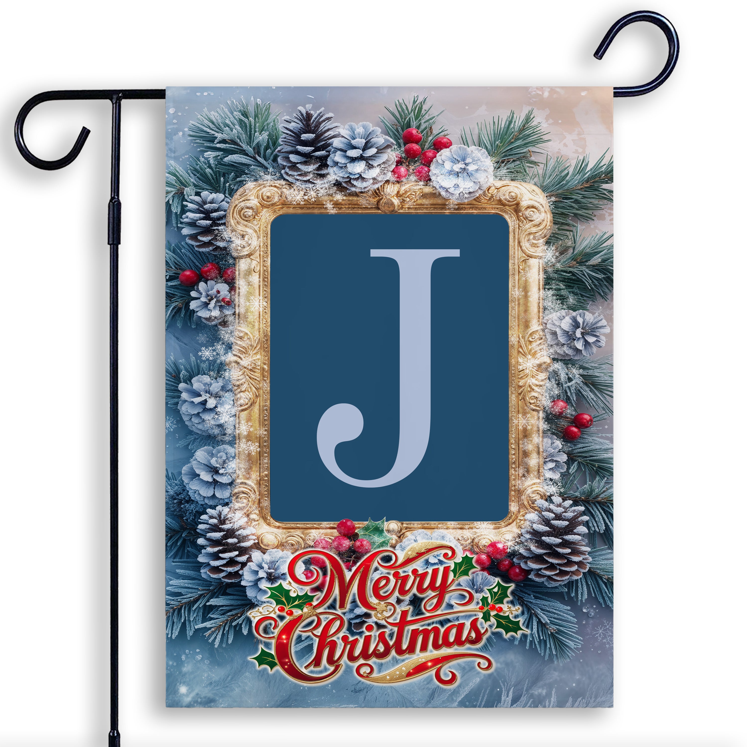 Christmas, Snowy Pine Cones, Monogram, Garden Flag