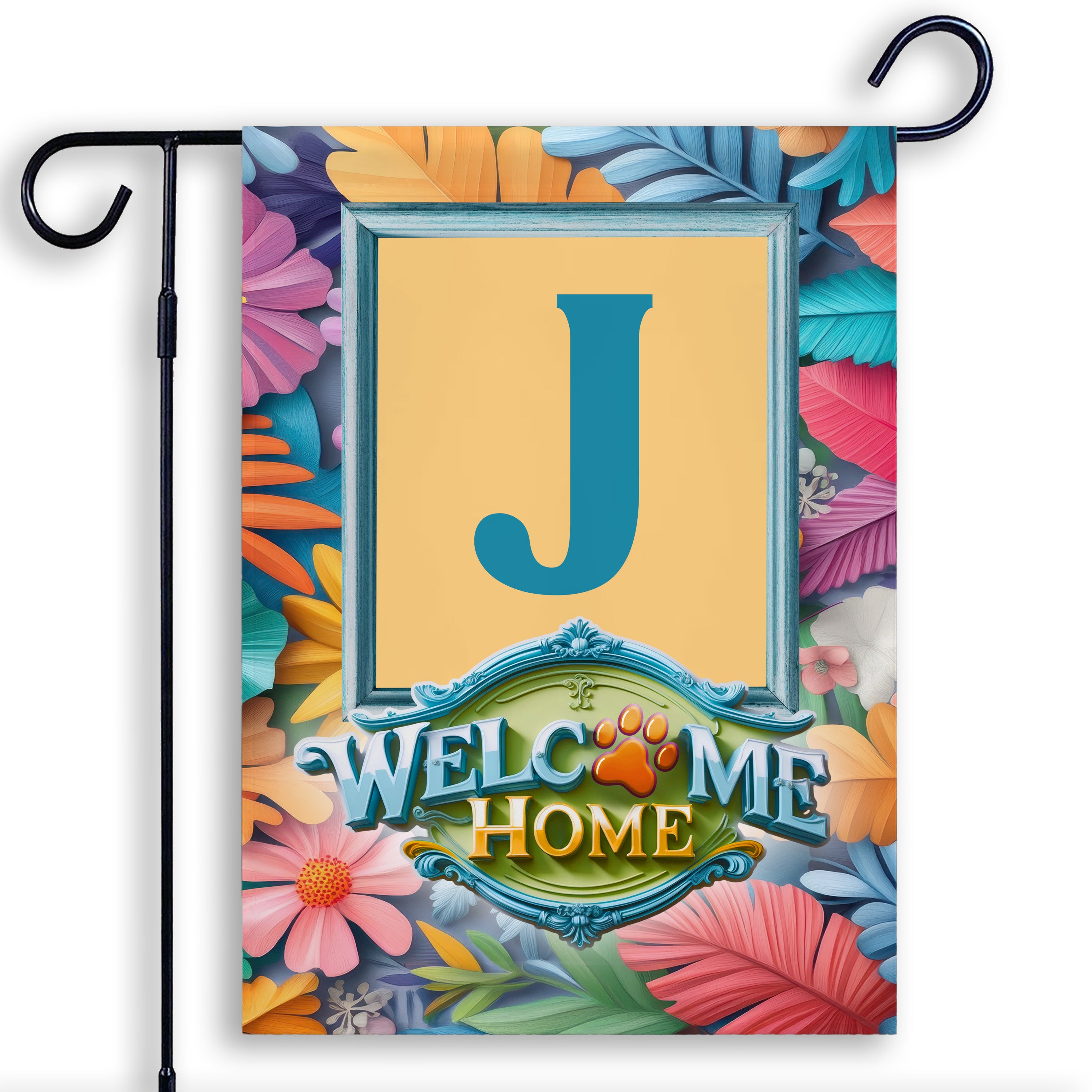 Welcome, Welcome Home Floral, Monogram, Garden Flag