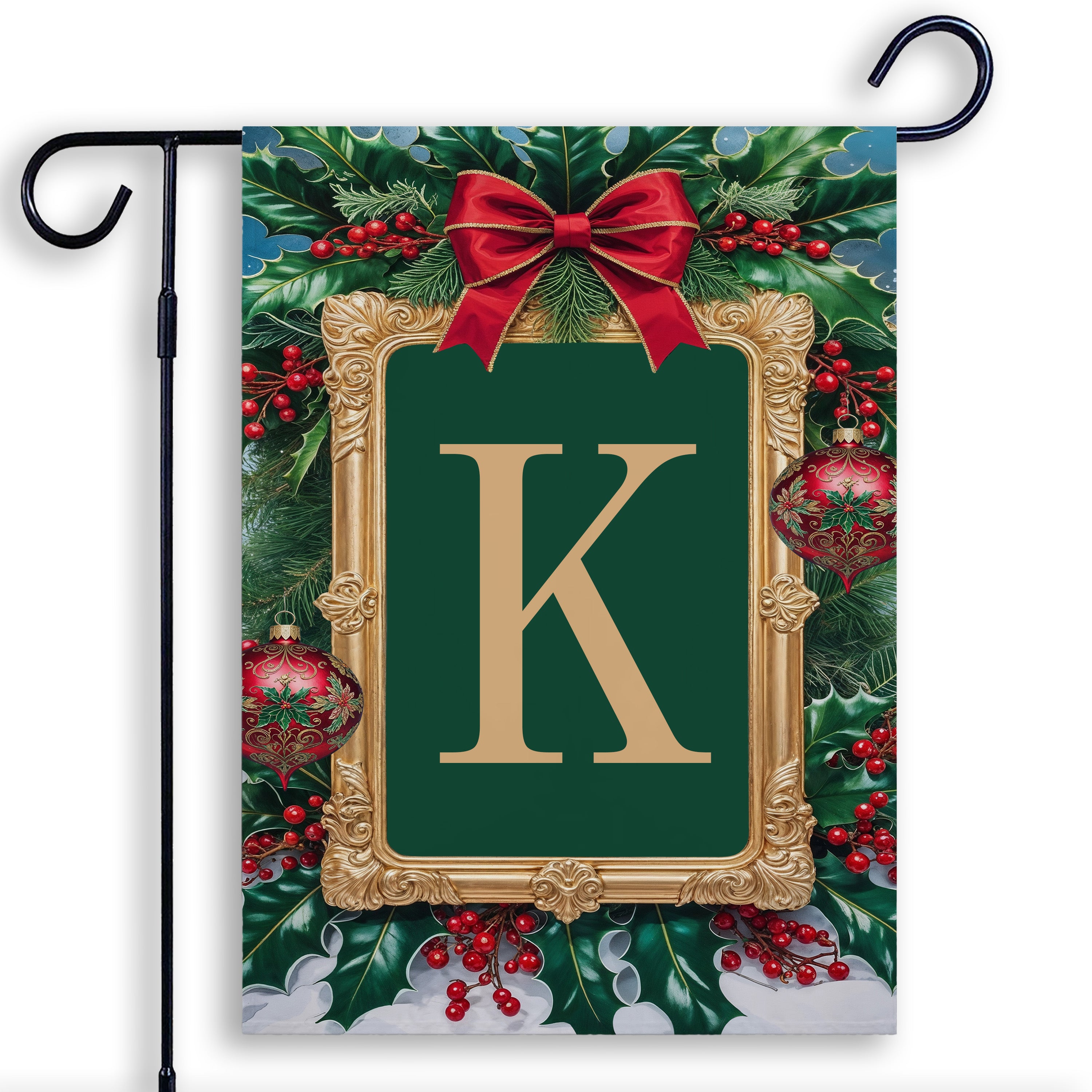 Christmas, Holly Berries Frame, Monogram, Garden Flag
