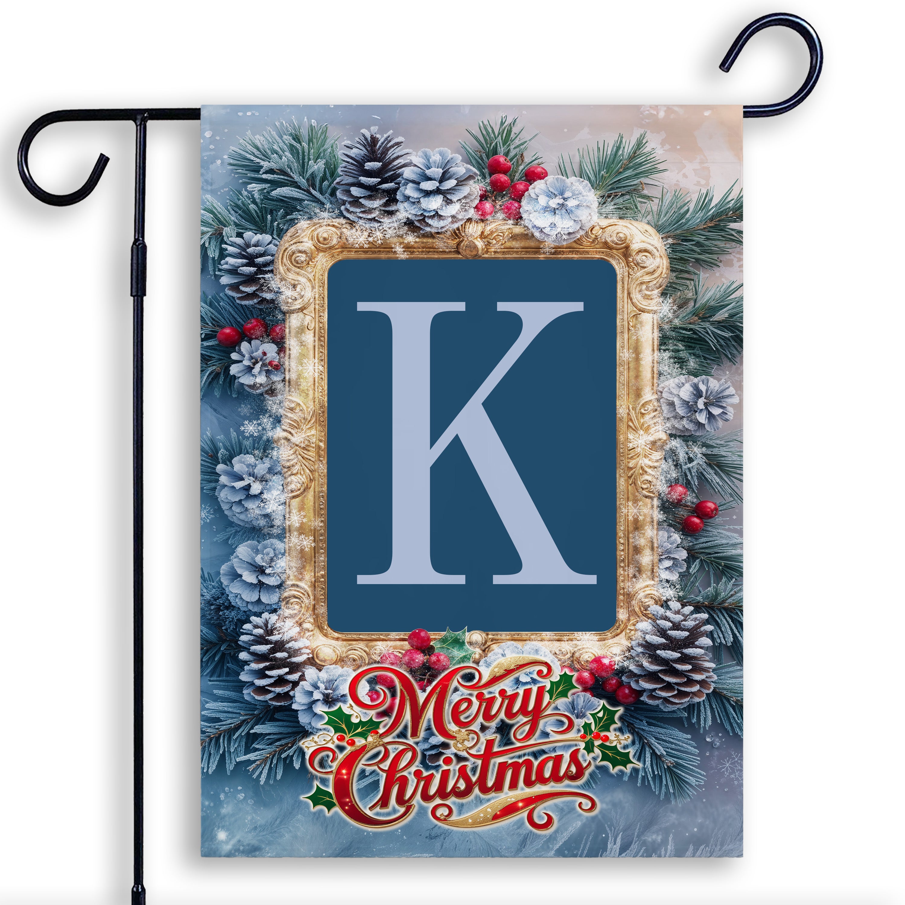 Christmas, Snowy Pine Cones, Monogram, Garden Flag