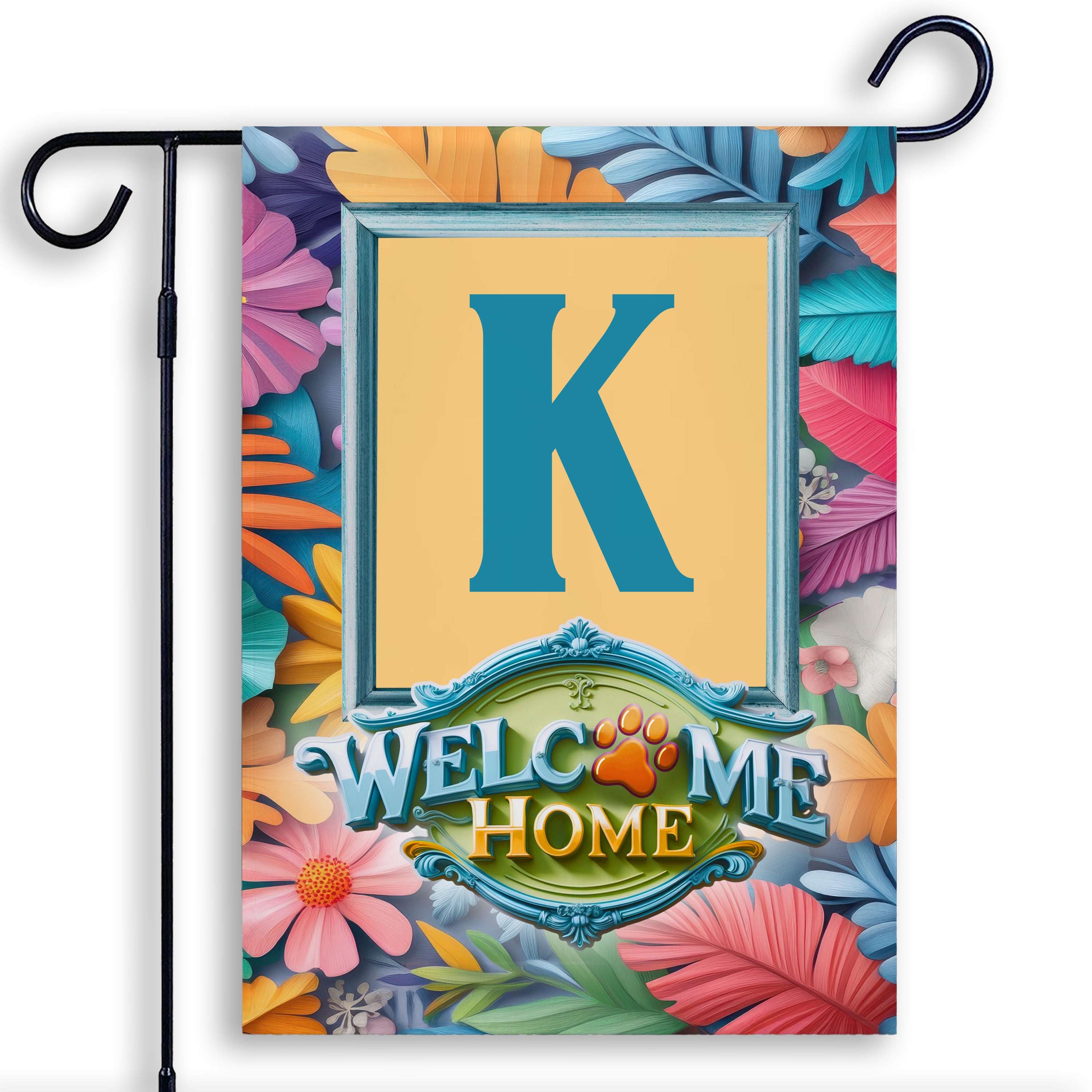 Welcome, Welcome Home Floral, Monogram, Garden Flag