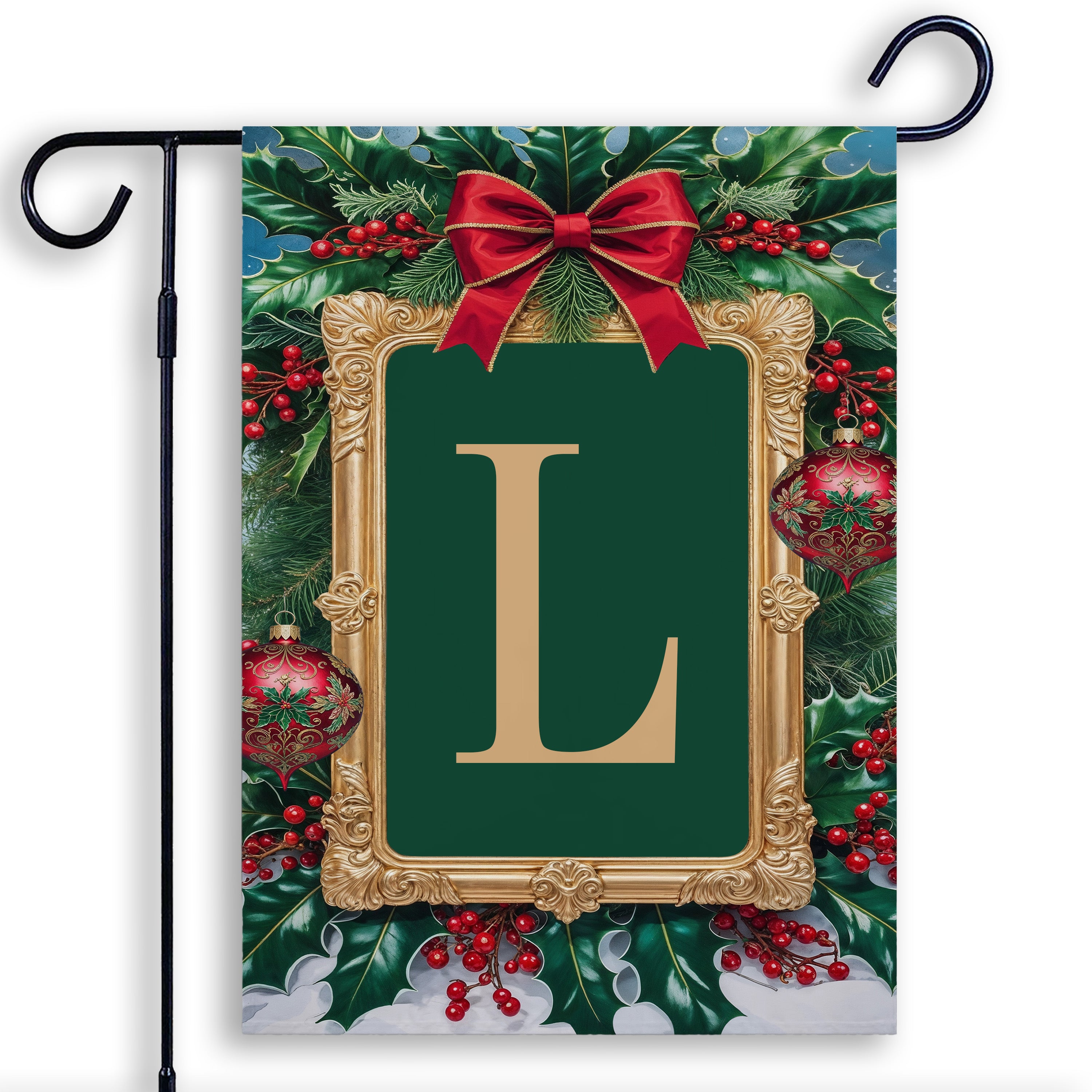 Christmas, Holly Berries Frame, Monogram, Garden Flag