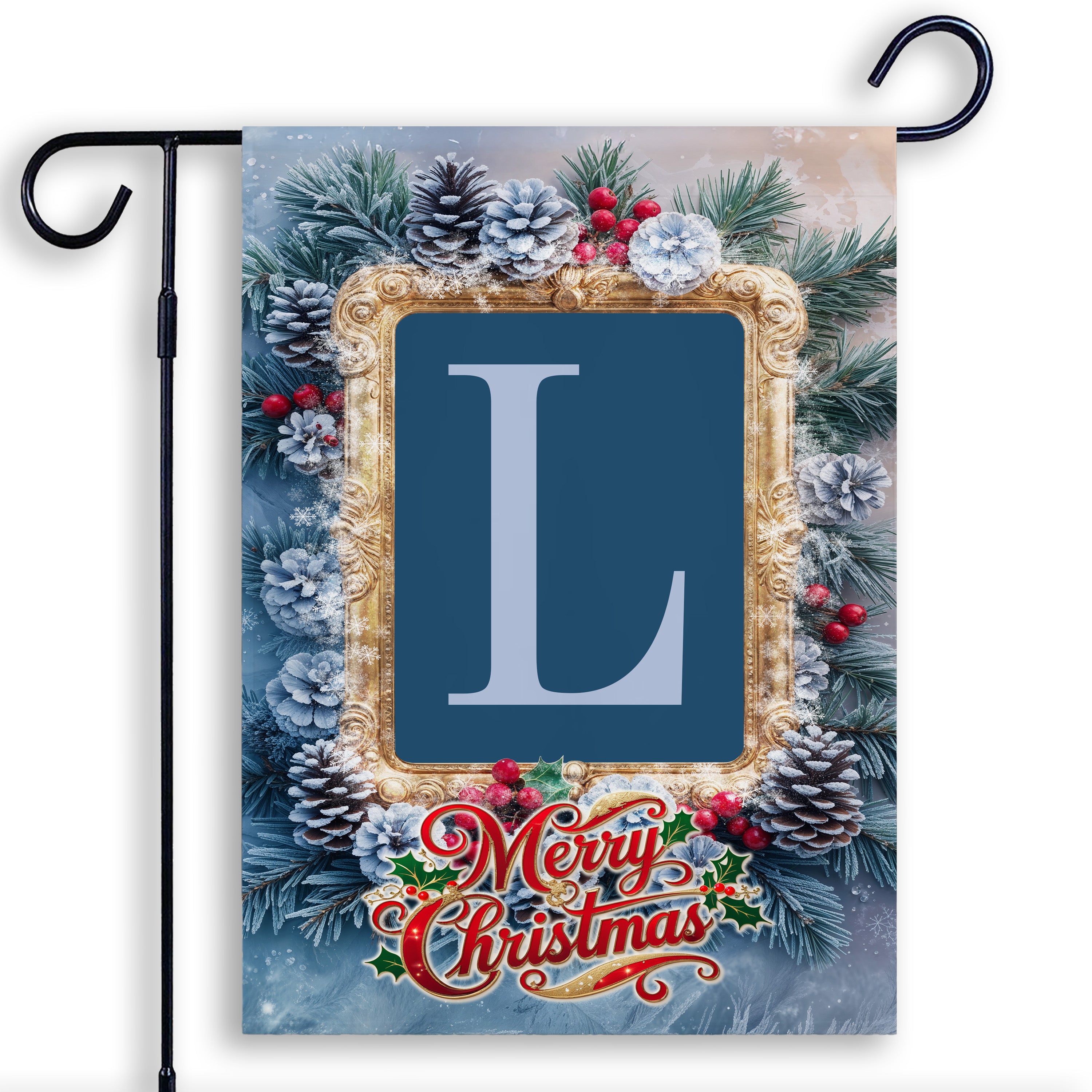 Christmas, Snowy Pine Cones, Monogram, Garden Flag