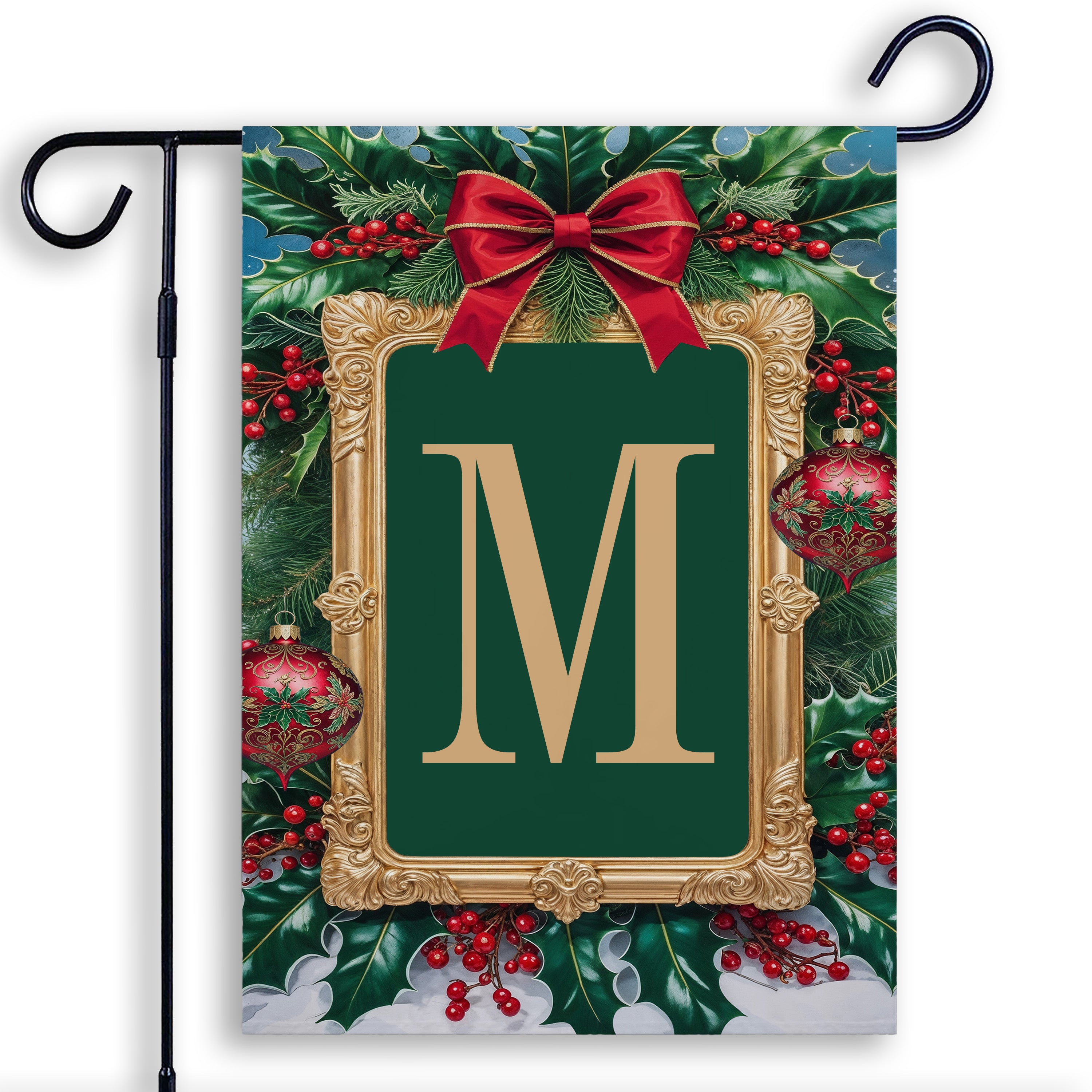 Christmas, Holly Berries Frame, Monogram, Garden Flag