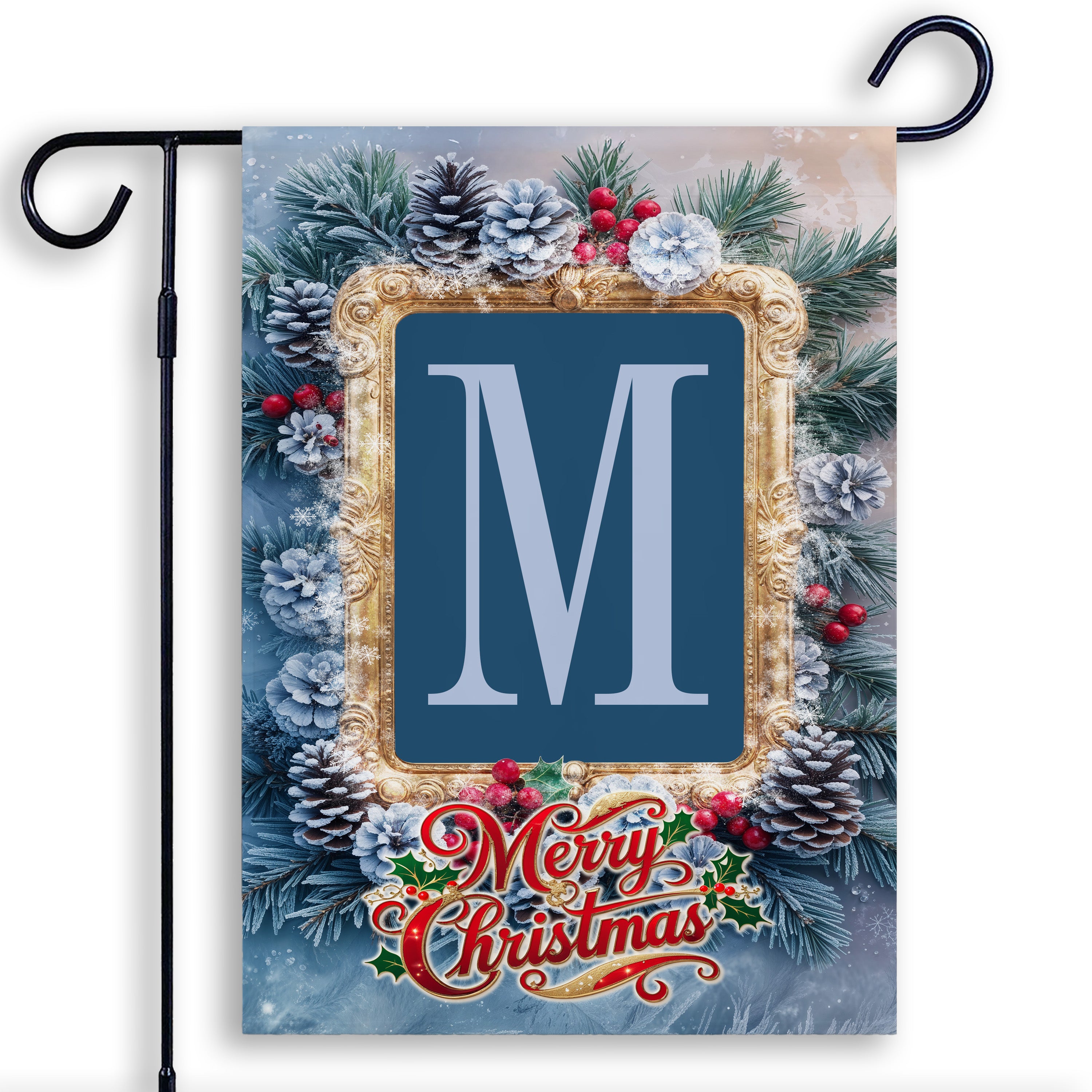 Christmas, Snowy Pine Cones, Monogram, Garden Flag