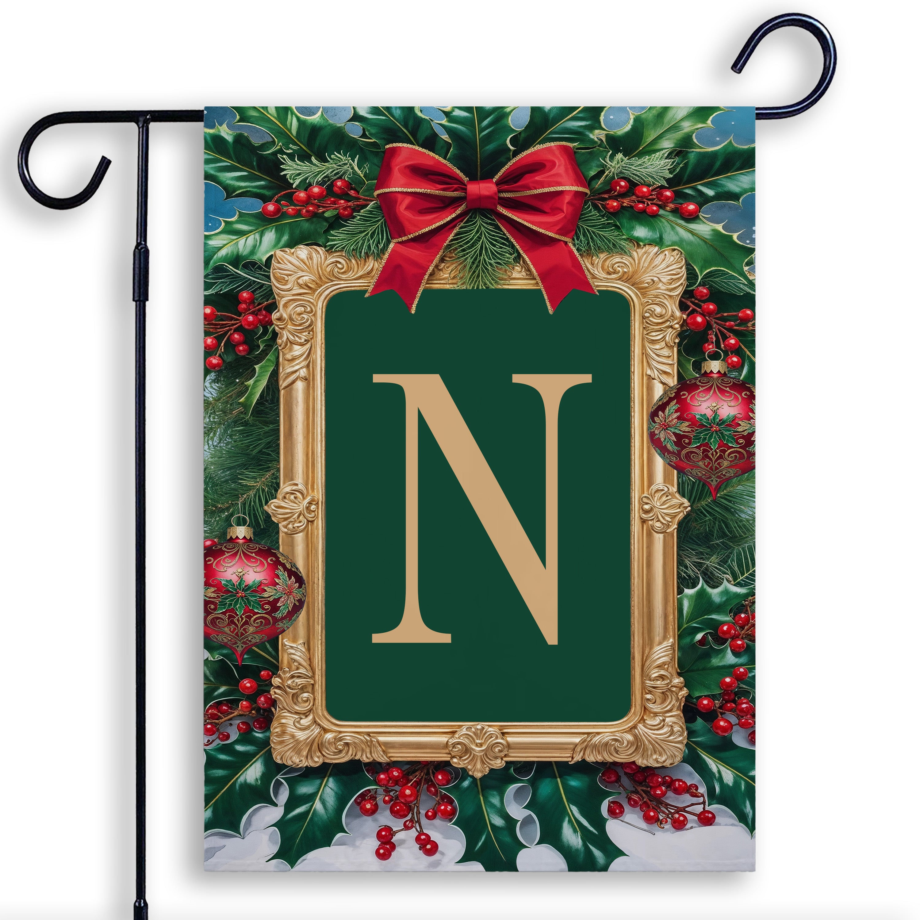 Christmas, Holly Berries Frame, Monogram, Garden Flag