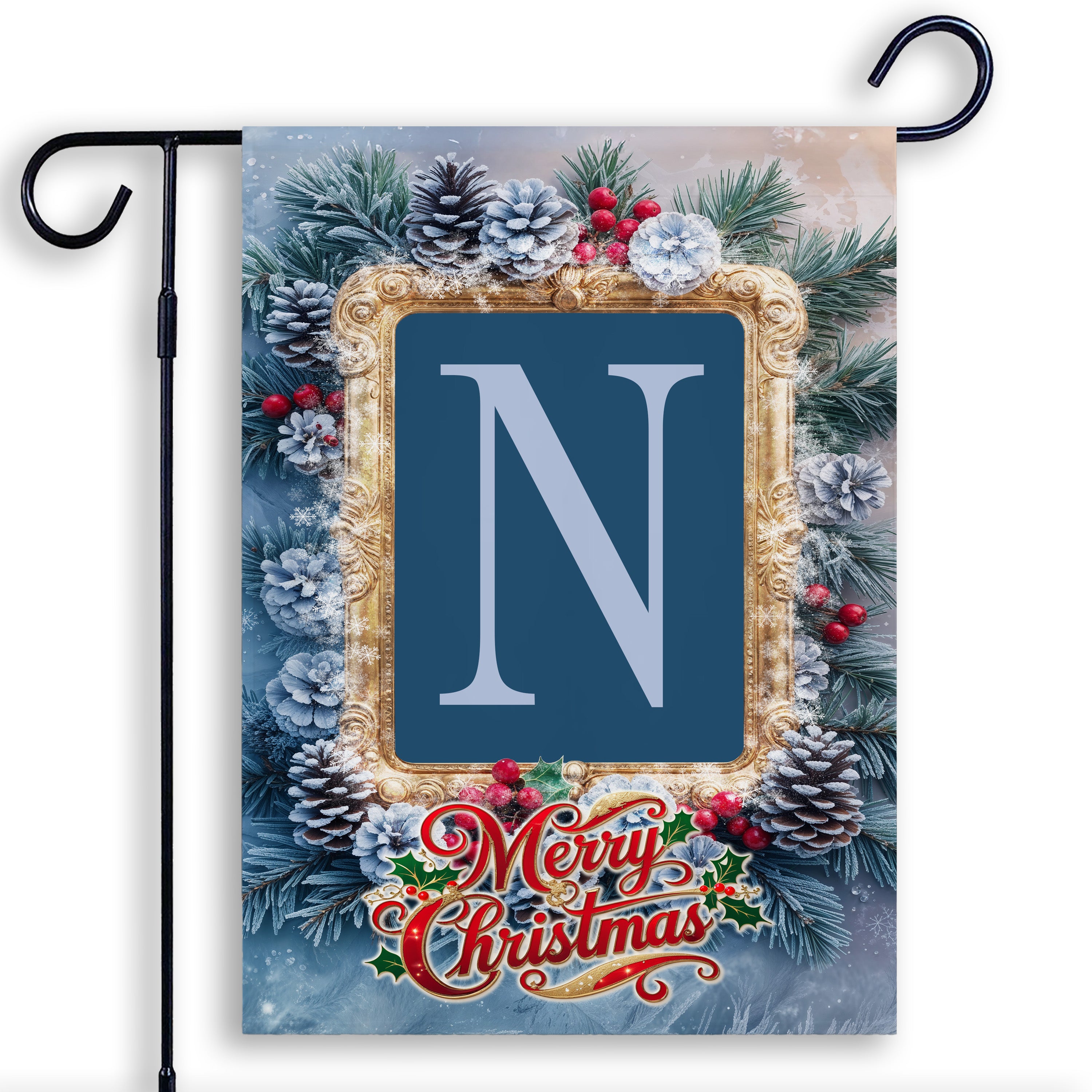 Christmas, Snowy Pine Cones, Monogram, Garden Flag