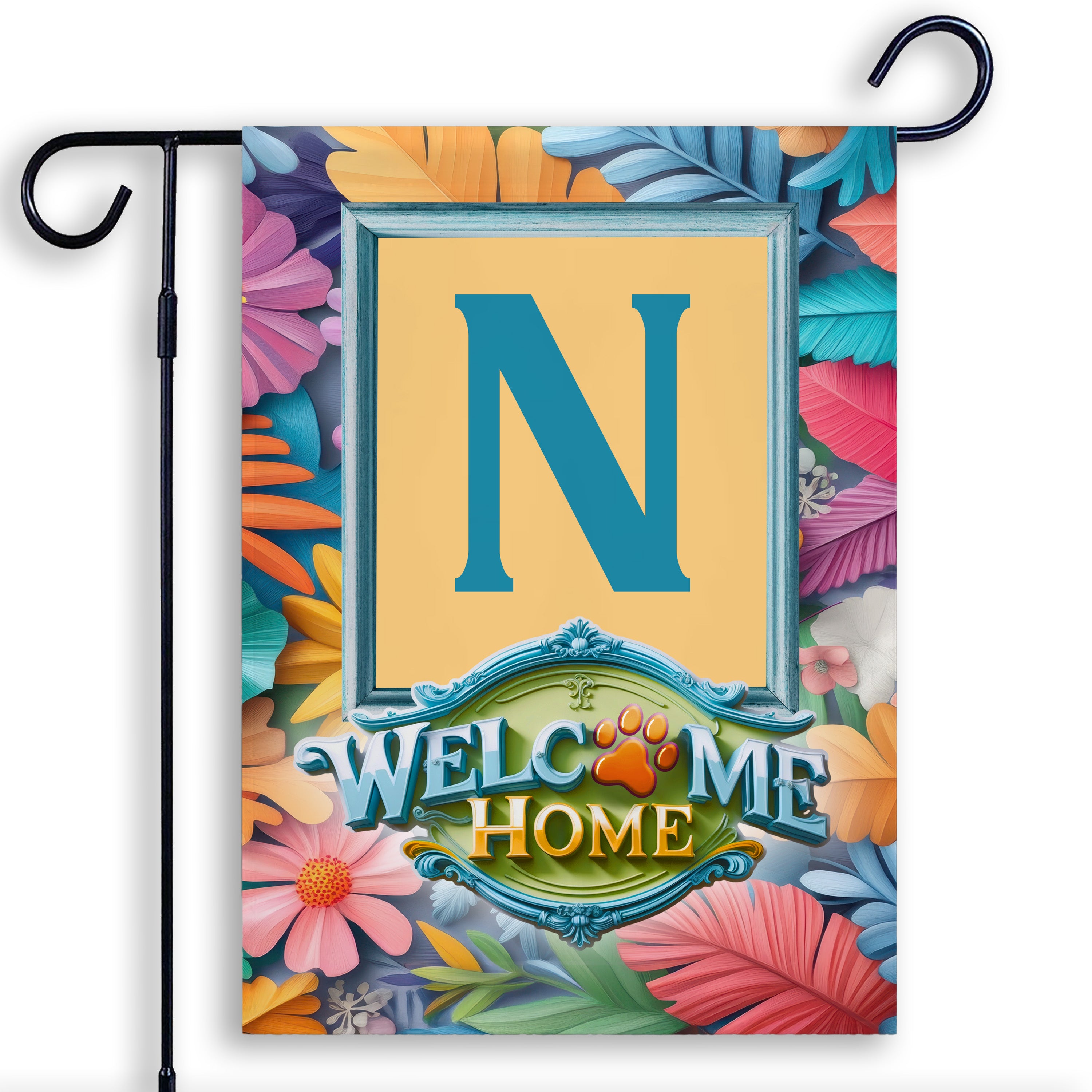 Welcome, Welcome Home Floral, Monogram, Garden Flag