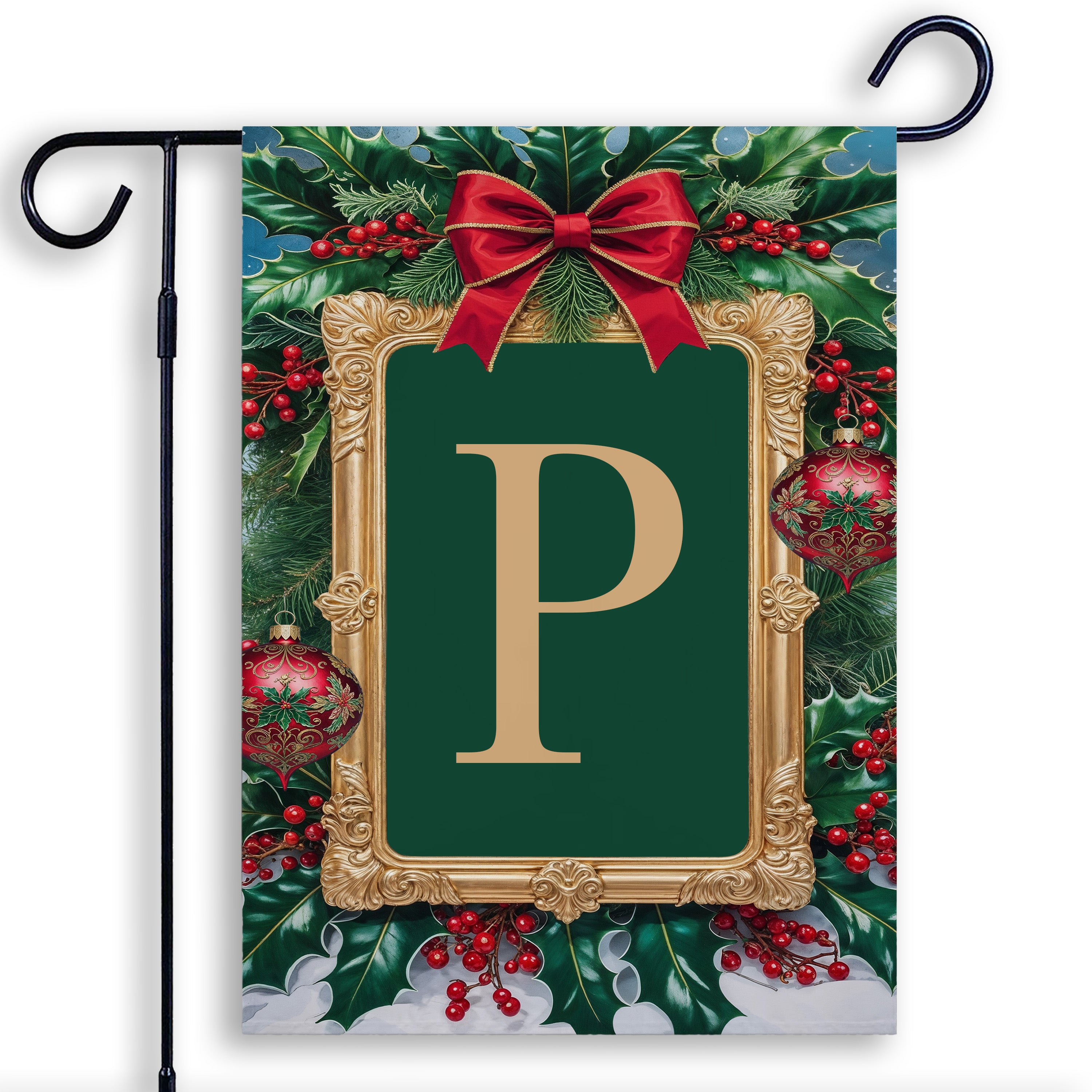 Christmas, Holly Berries Frame, Monogram, Garden Flag