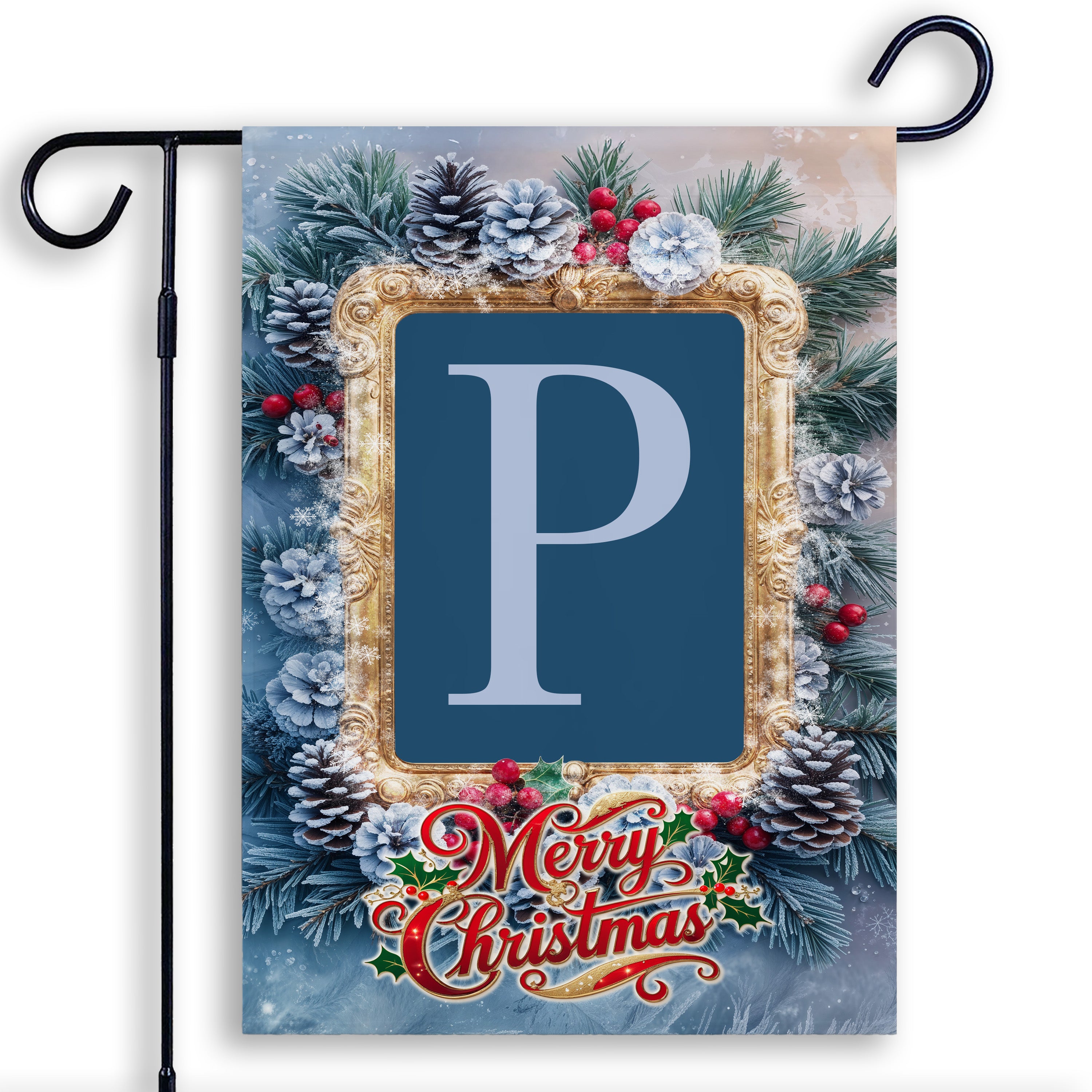 Christmas, Snowy Pine Cones, Monogram, Garden Flag
