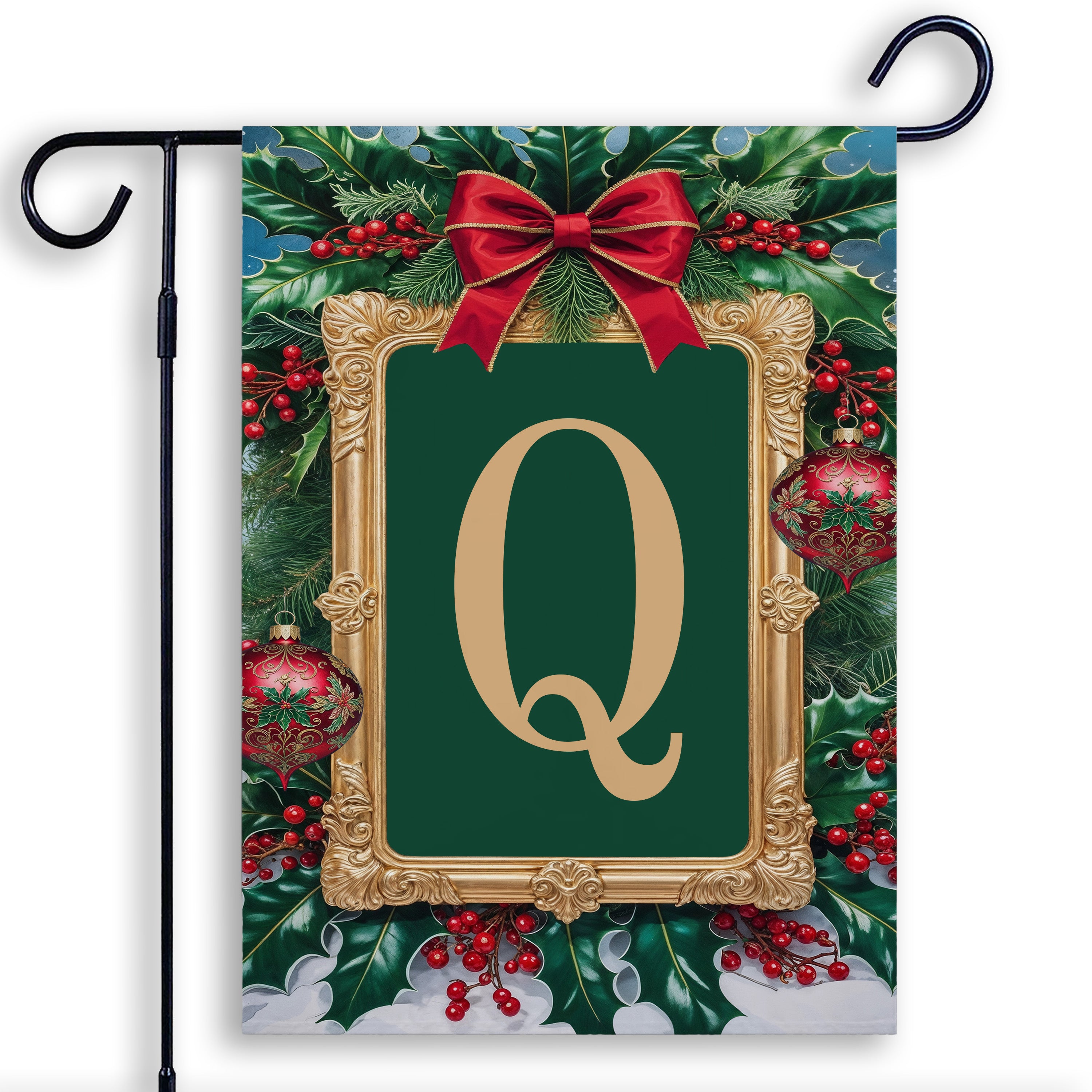 Christmas, Holly Berries Frame, Monogram, Garden Flag