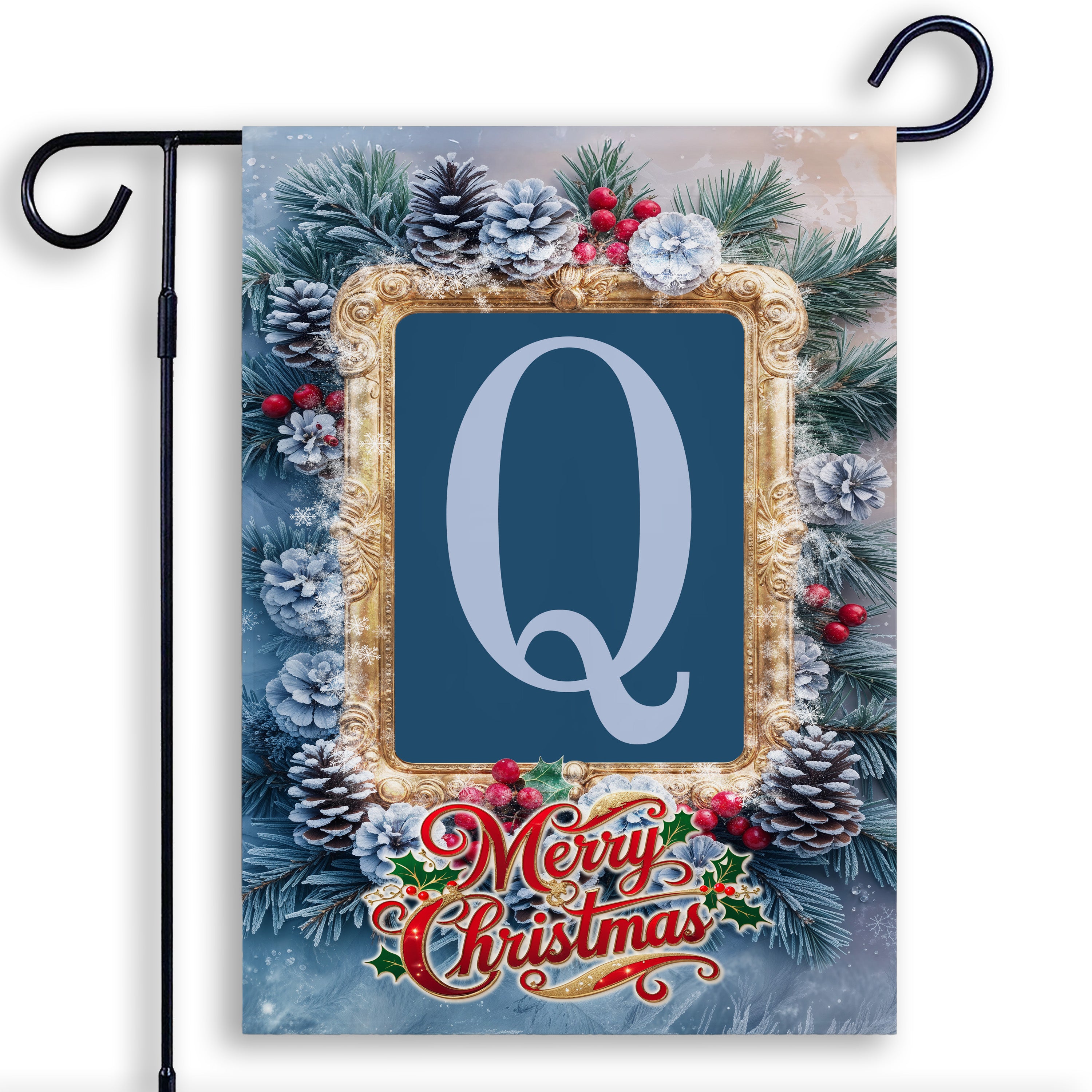 Christmas, Snowy Pine Cones, Monogram, Garden Flag
