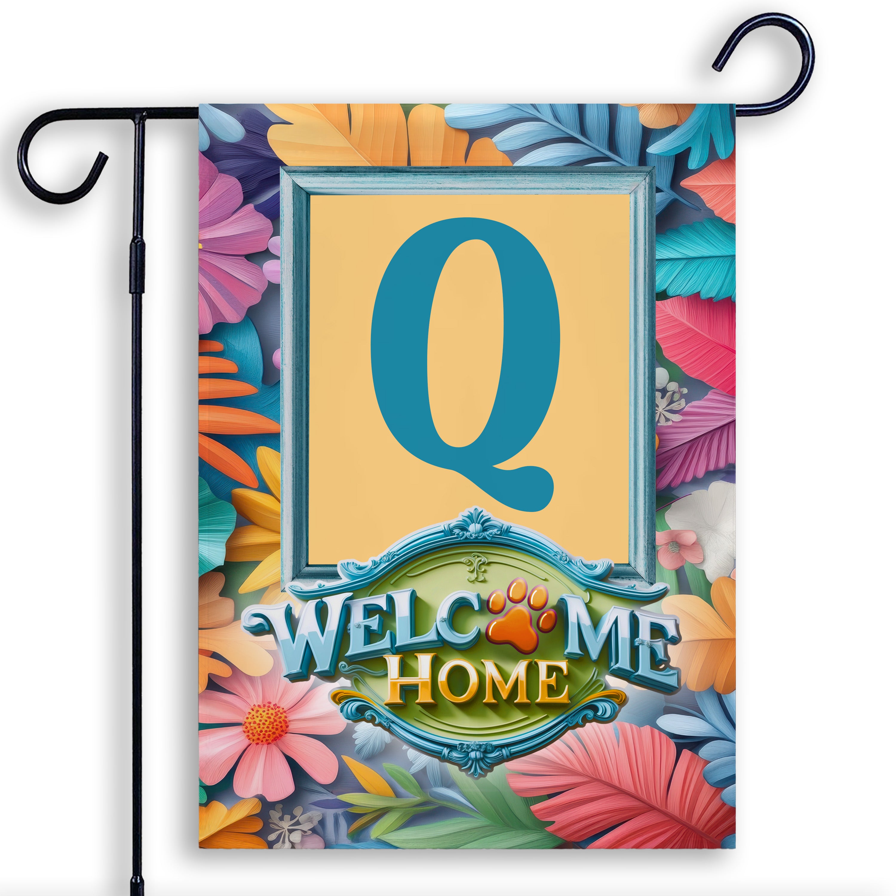 Welcome, Welcome Home Floral, Monogram, Garden Flag