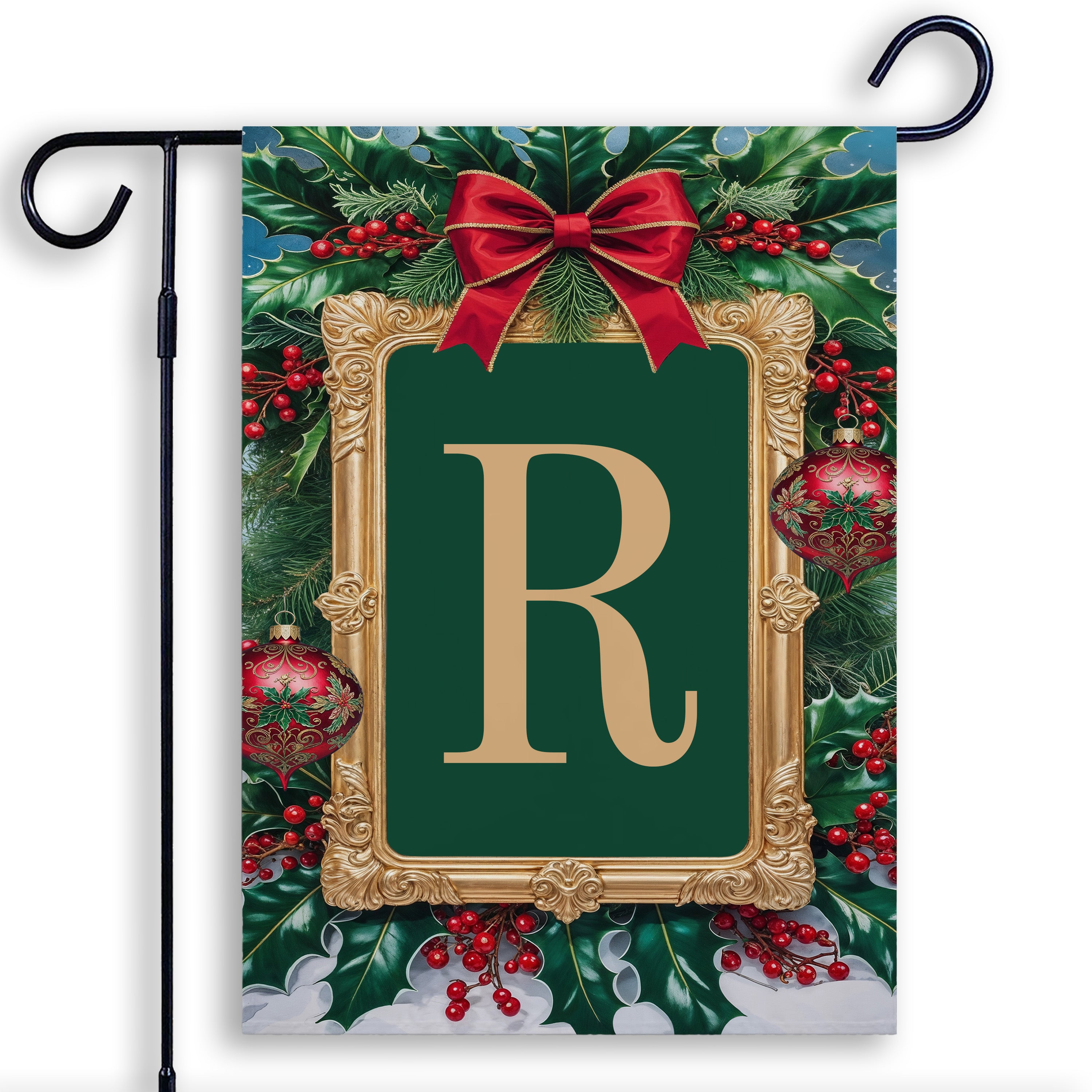 Christmas, Holly Berries Frame, Monogram, Garden Flag