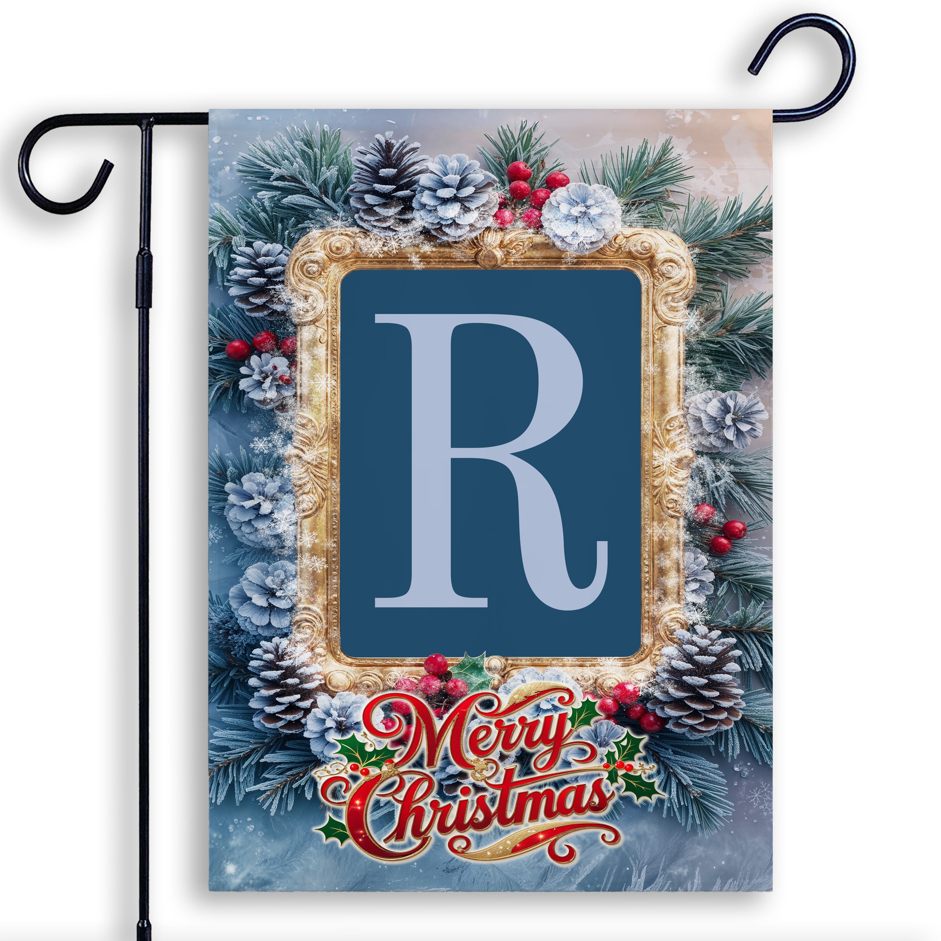 Christmas, Snowy Pine Cones, Monogram, Garden Flag