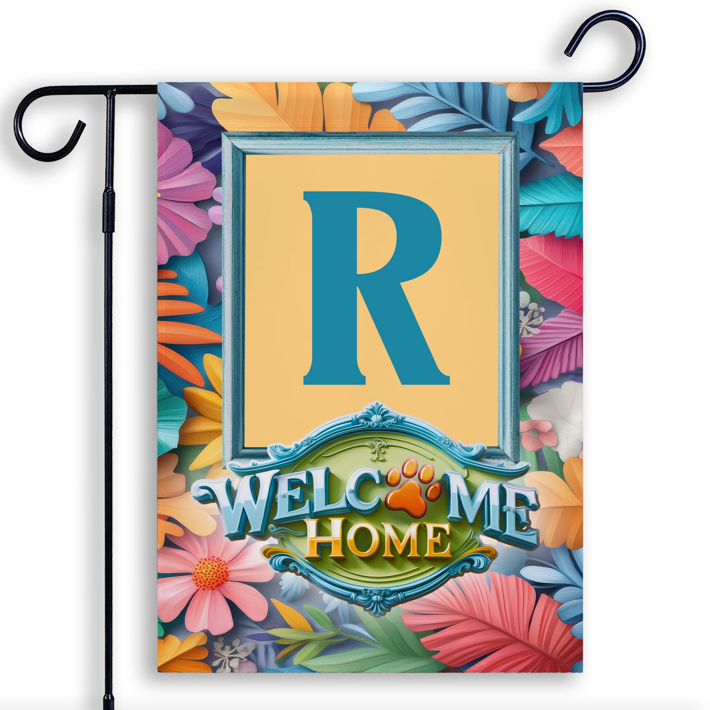Welcome, Welcome Home Floral, Monogram, Garden Flag