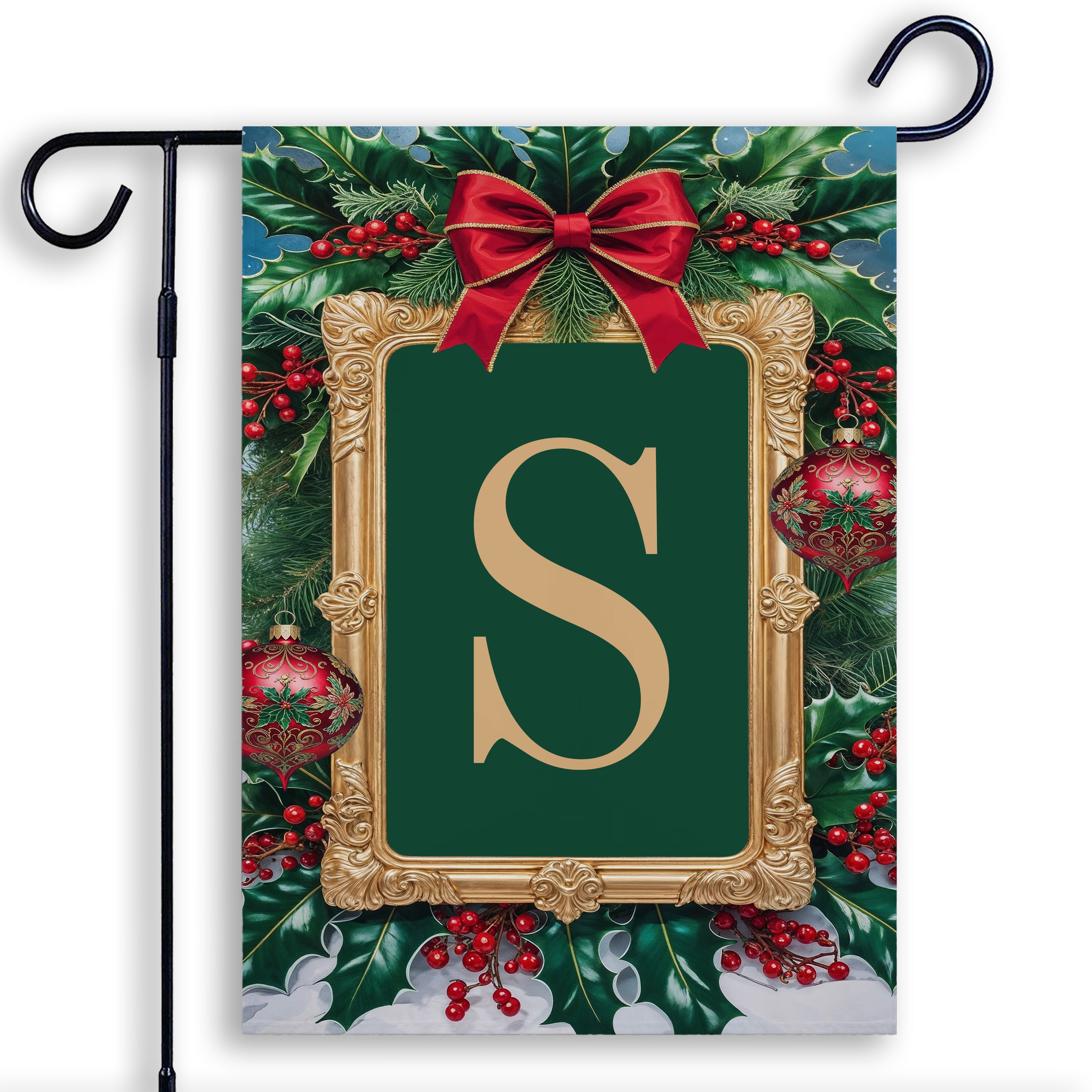 Christmas, Holly Berries Frame, Monogram, Garden Flag