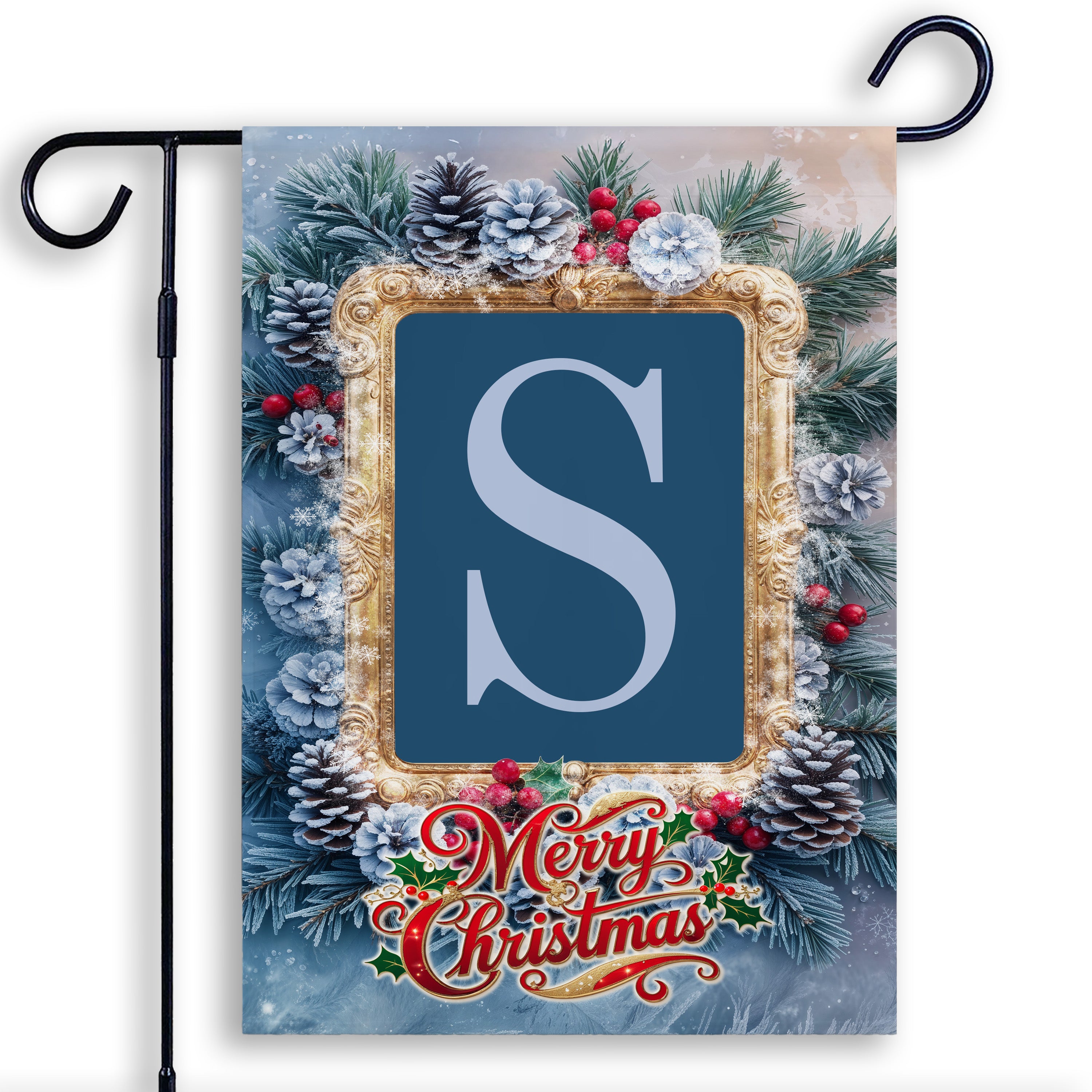 Christmas, Snowy Pine Cones, Monogram, Garden Flag