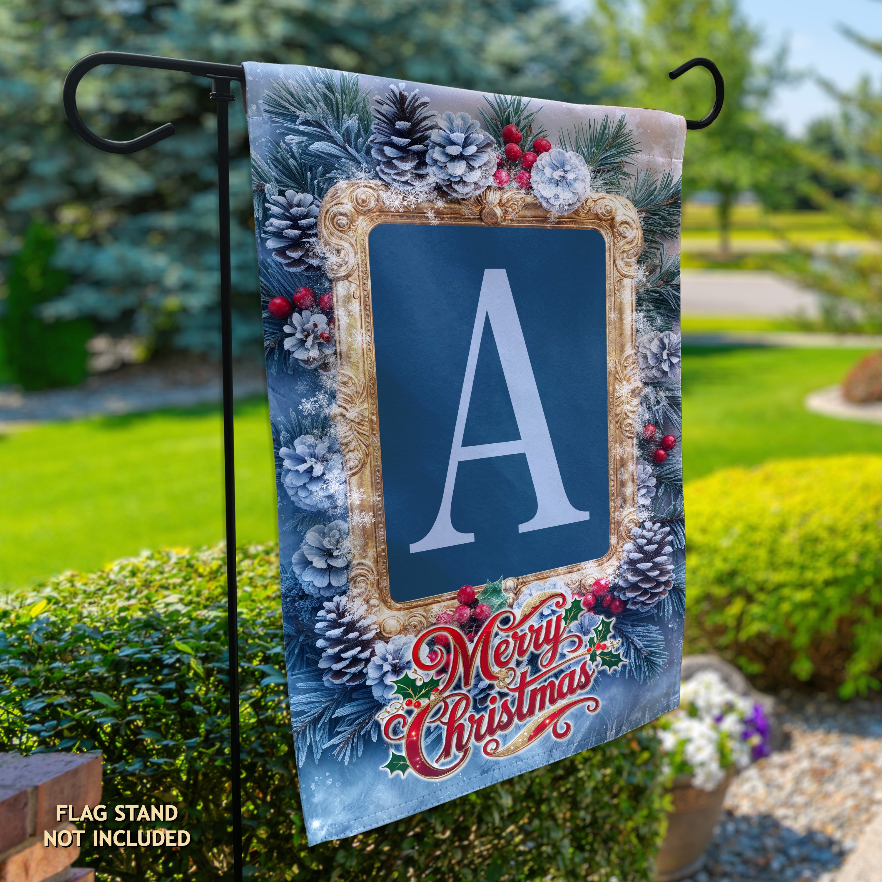Christmas, Snowy Pine Cones, Monogram, Garden Flag