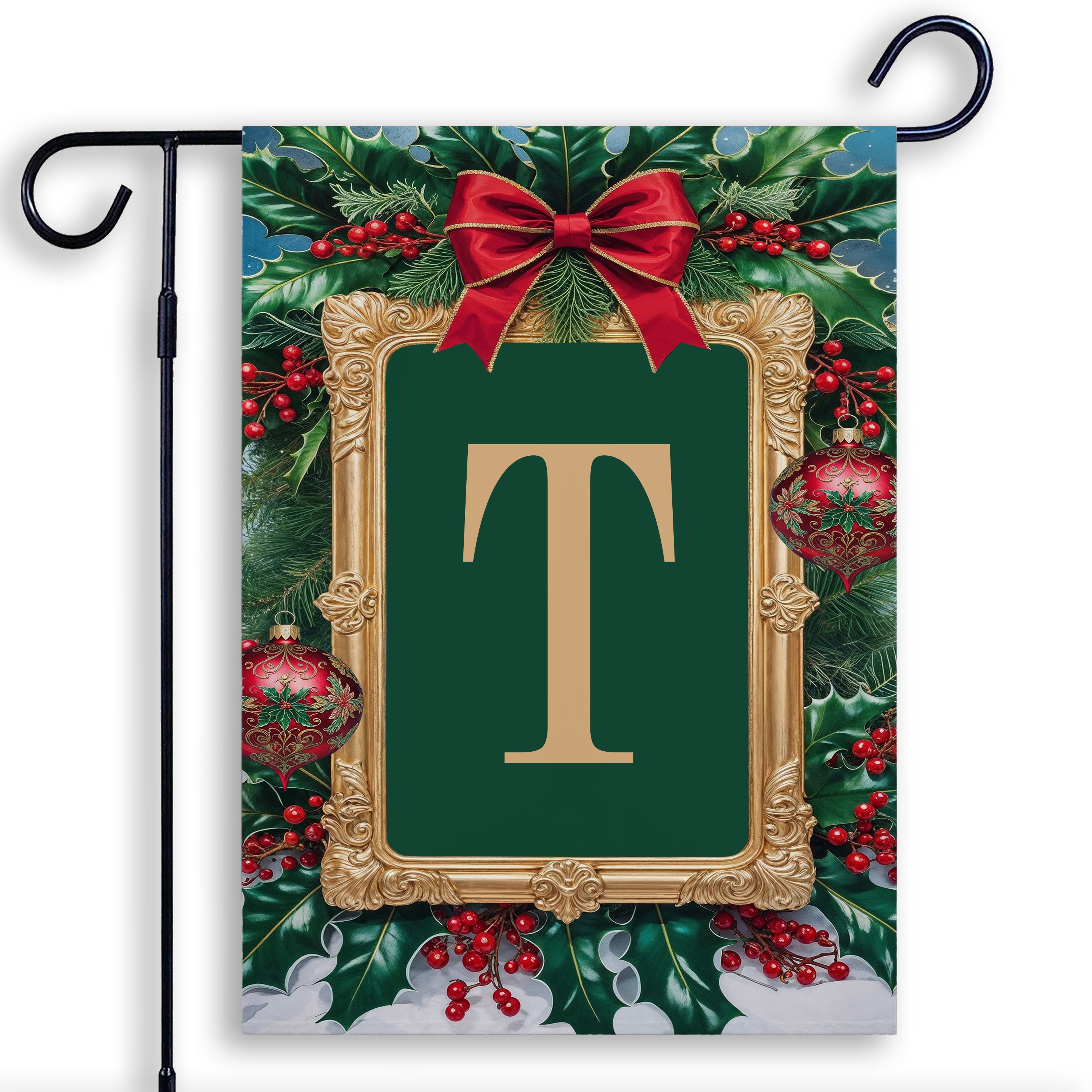 Christmas, Holly Berries Frame, Monogram, Garden Flag